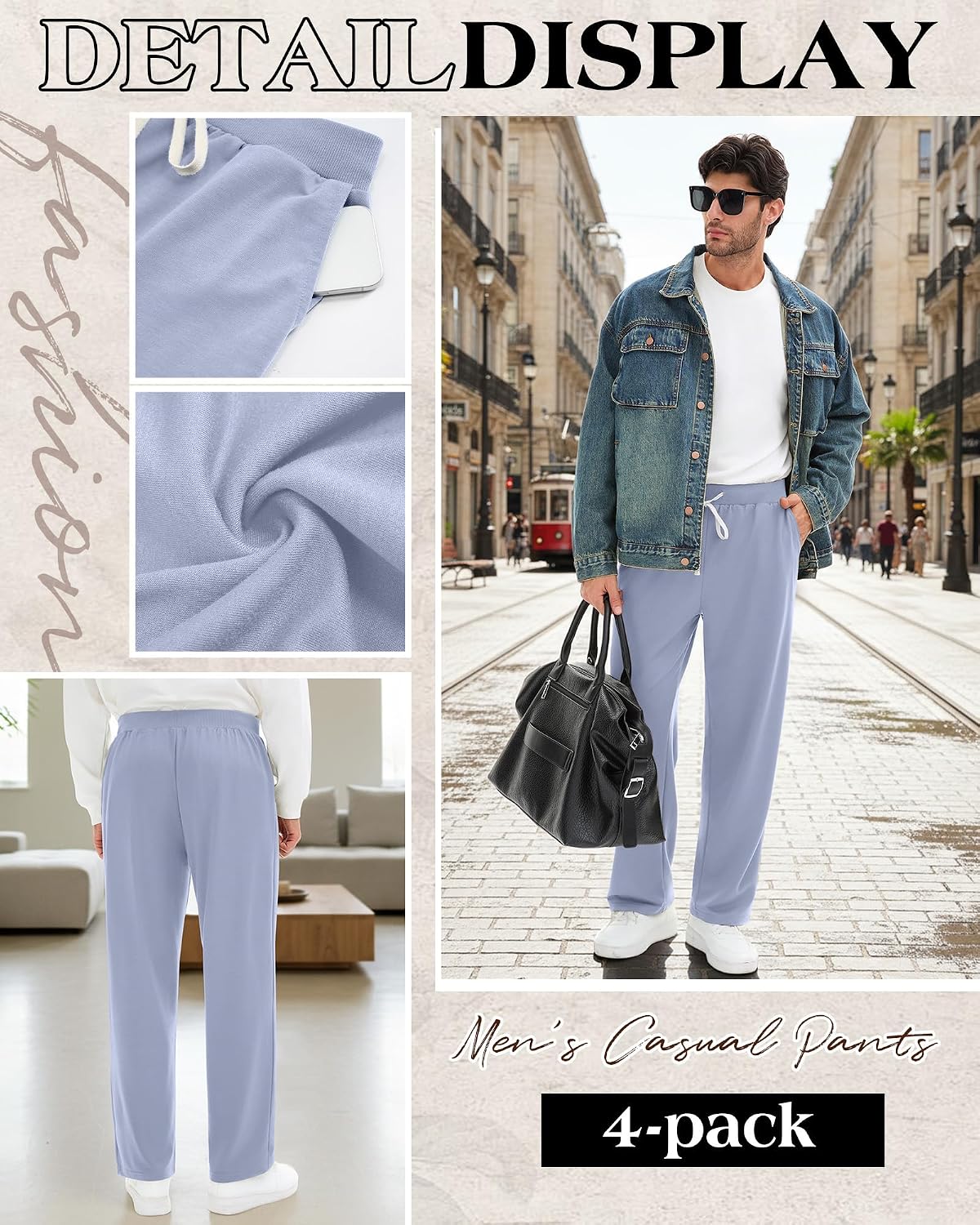 August Alley 4 Pack Men's Sweatpants Drawstring Open Bottom Joggers with Pockets Elastic Waist Lounge Athletic Gym Pants