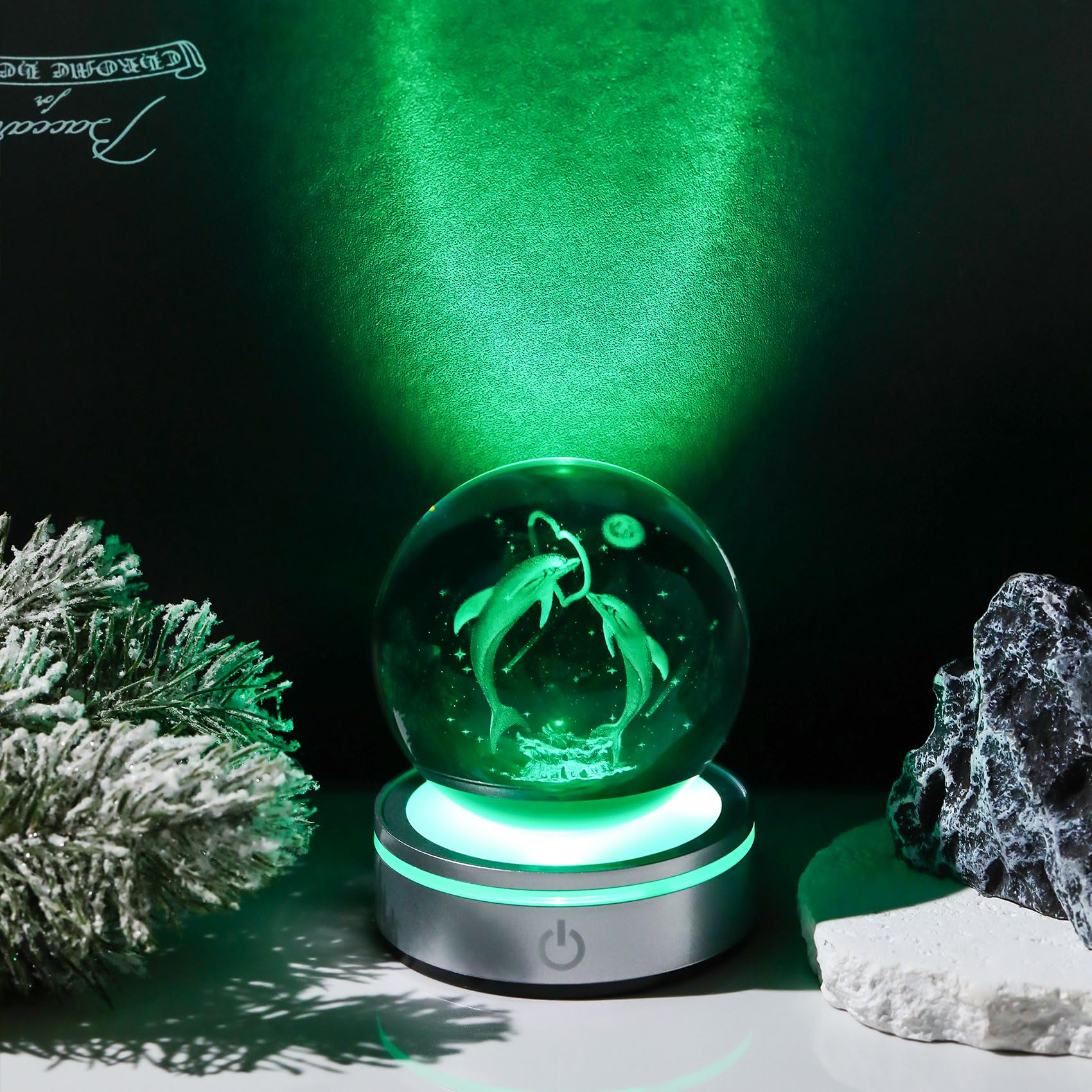 Movdyka Boules à neige en forme de dauphin en forme de cœur en forme de boule de cristal 3D pour décoration de maison ou de bureau - 8 cm