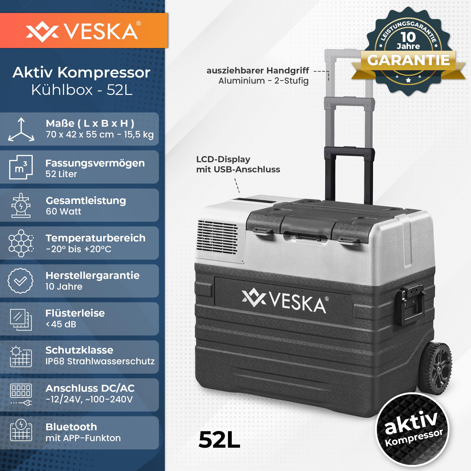 Kompressor Kühlbox elektrisch, Gefriertruhe mit APP-Steuerung, USB-Anschluss, 12/24V, 230V, Räder, transportabler Kühlschrank, Kühltruhe, Gefrierbox bis -20 °C für Auto, LKW, Boot (52L - anthrazit)