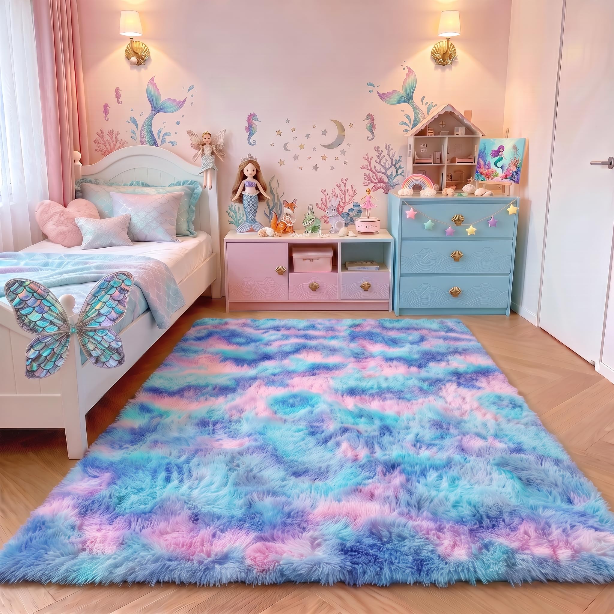 Purple Rainbow Area Rugs for Girls Bedroom Living Room, Fluffy 4x6 Kids Rug | Soft Plush Cute Shaggy Indoor Non-Slip Bedside Floor Carpet for Nursery Teen Dorm Playroom Home Vanity Princess Mermaid Decor