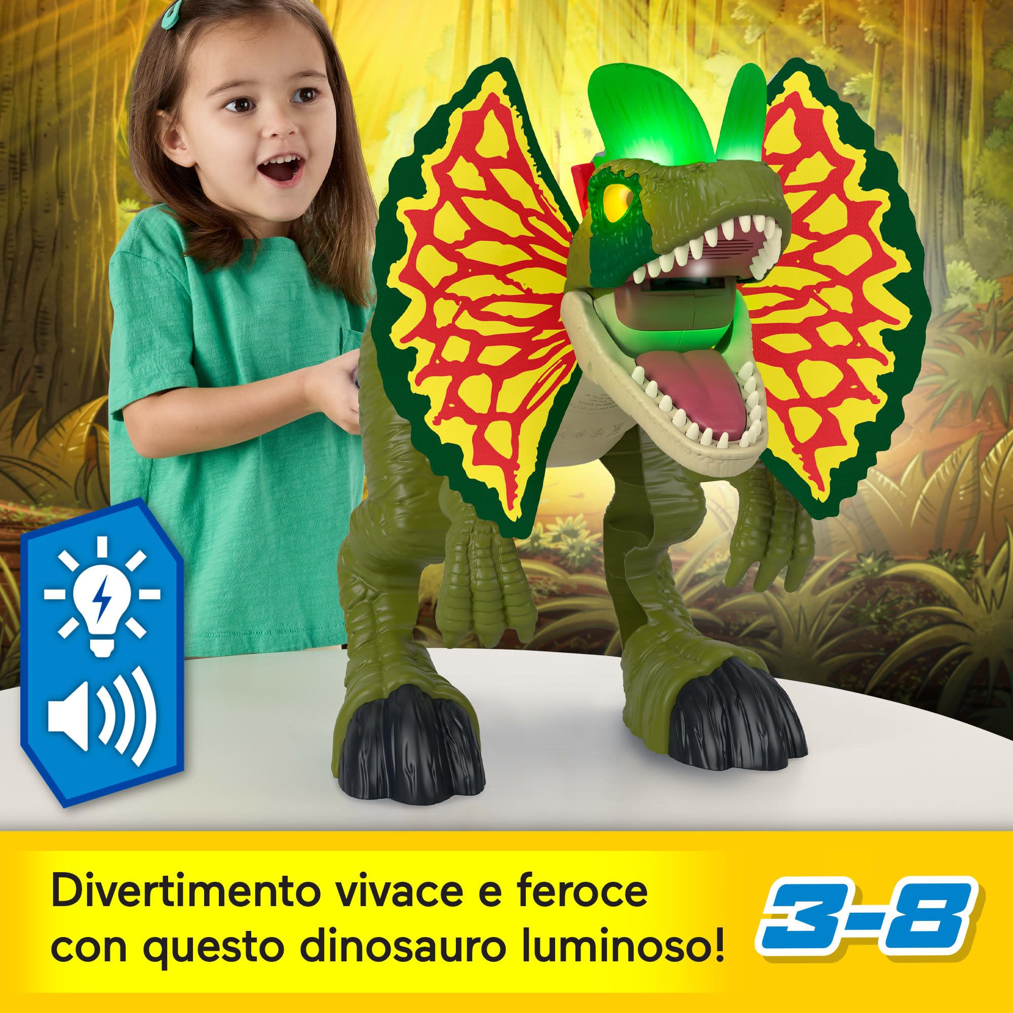 Fisher-Price Imaginext Jurassic World - Attacco del Dilofosauro, dinosauro alto 40+ cm con luci e suoni, griletti sulla coda e sul collo attivano il lancia-proiettili, 3+ anni, HVY16