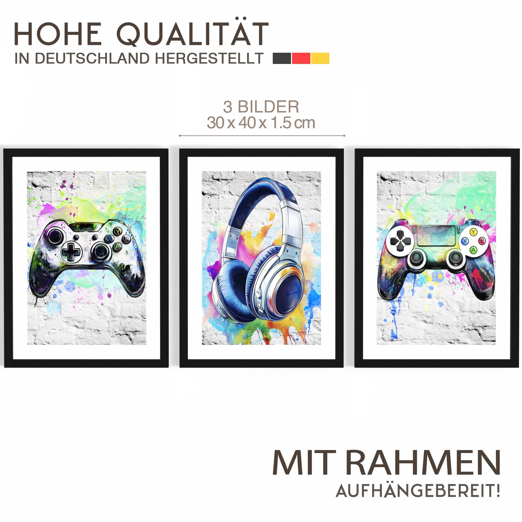 Novart Set di Stampe Murali Gamer per Stanza dei Ragazzi - Cornici Incluse - Stile Moderno - 3 Pezzi Bianco - N138735aR2