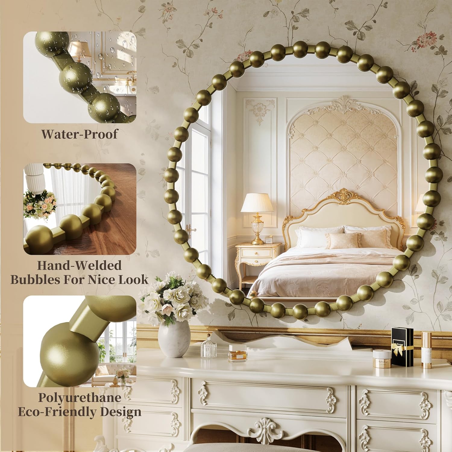 Round Vintage Vanity Mirror, 24 Inch Beaded Frame Circle Wall Mirror for Bathroom, Bedroom Dresser, Entryway, Living Room, Decorative Hanging Wall Mirror, Bronze
