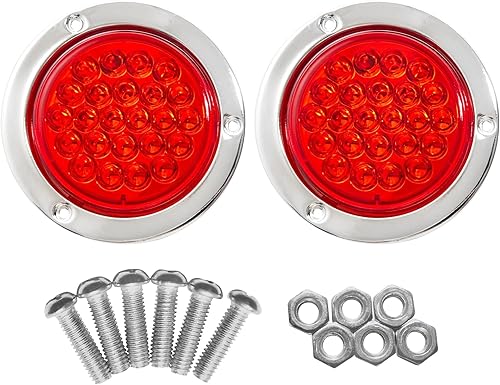 Oyviny 2 piezas de luz trasera redonda de 4 pulgadas LED para remolque con bisel de acero cromado, 24 LED rojas, luz de freno, giro, parada y