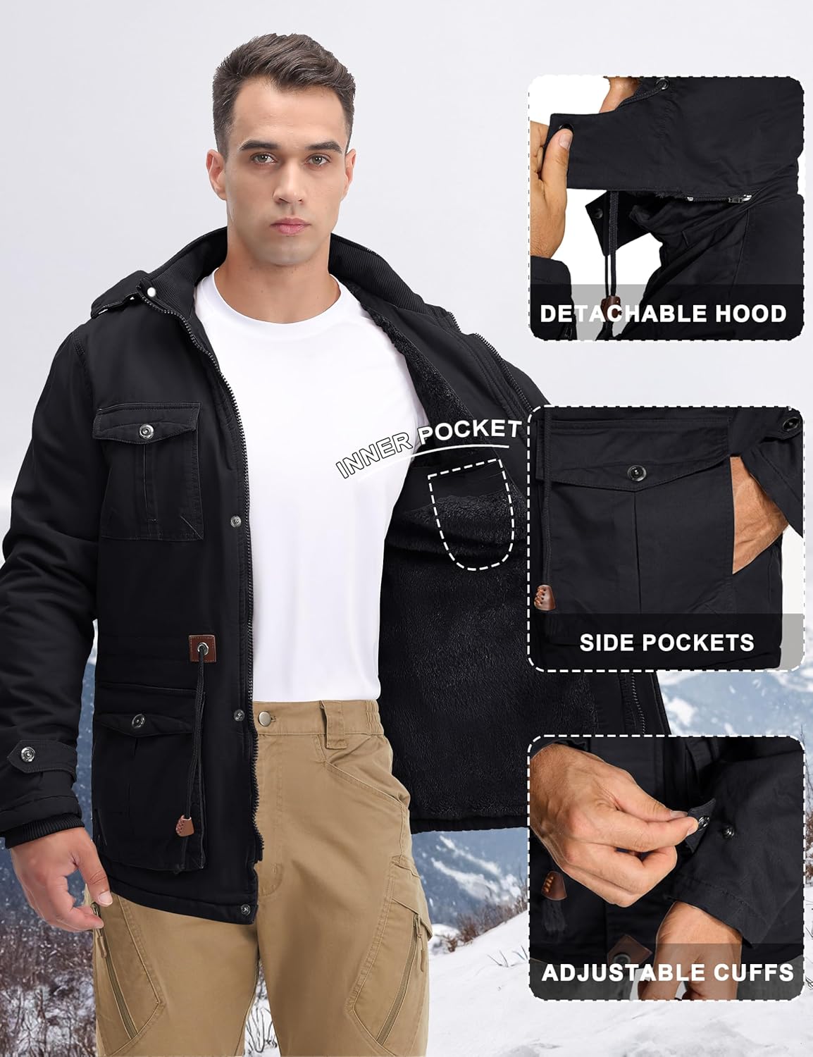 CRYSULLY Men's Winter Jacket Cotton Military Jackets Fleece Lined Thick Warm Cargo Coats Multi-Pocket Outwear with Hooded - Image 4