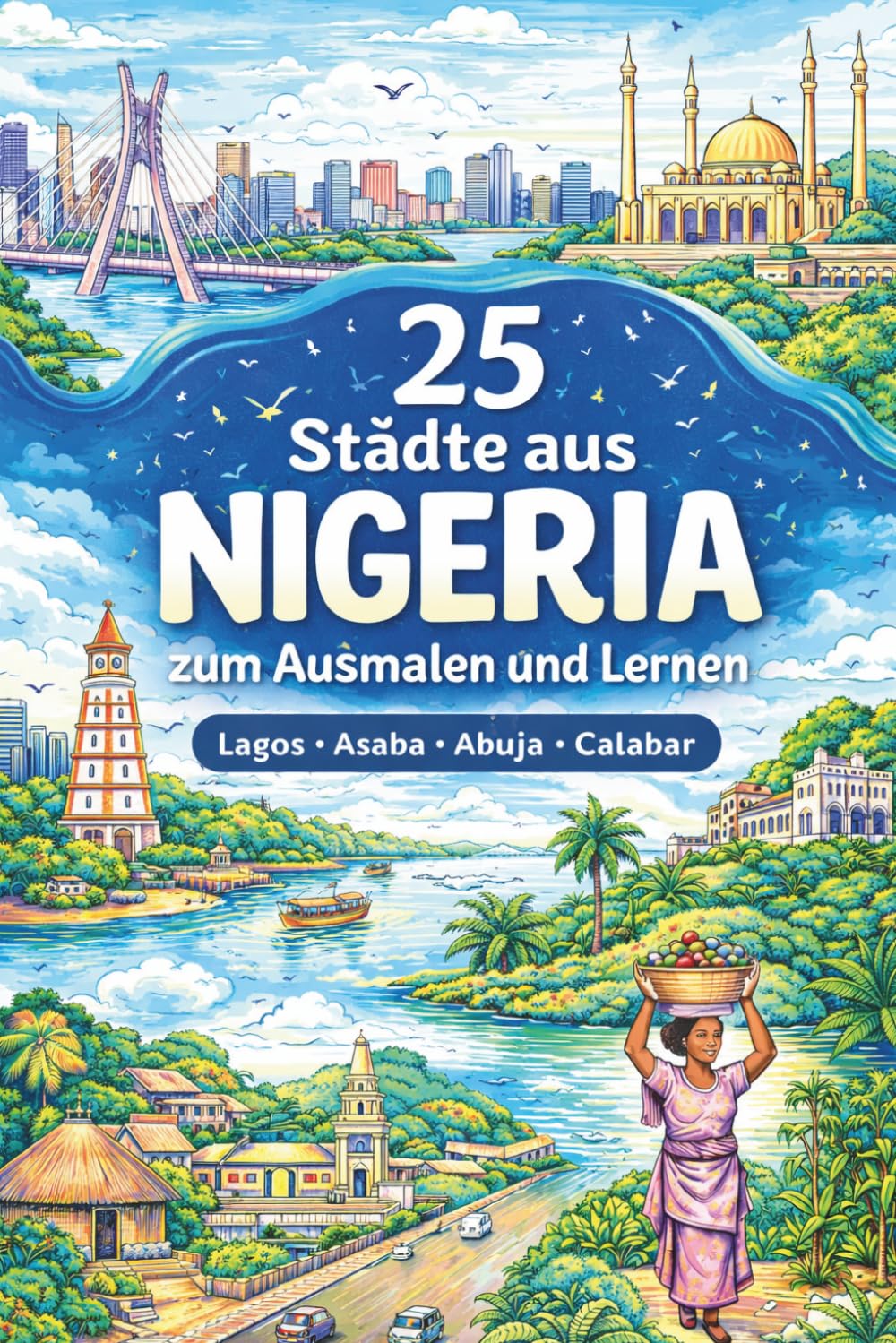 Abenteuer Nigeria – 25 Städte kreativ entdecken lernen und entspannt ausmalen: Entdecke Lagos, Asaba, Abuja, Calabar und mehr – Kreatives Malbuch mit Wissen für Kinder und Erwachsene