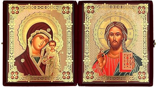 Needzo Cristo el maestro y la virgen de kazán icono ortodoxo díptico en estuche de terciopelo burdeos, iconos de lámina dorada de la Virgen María y