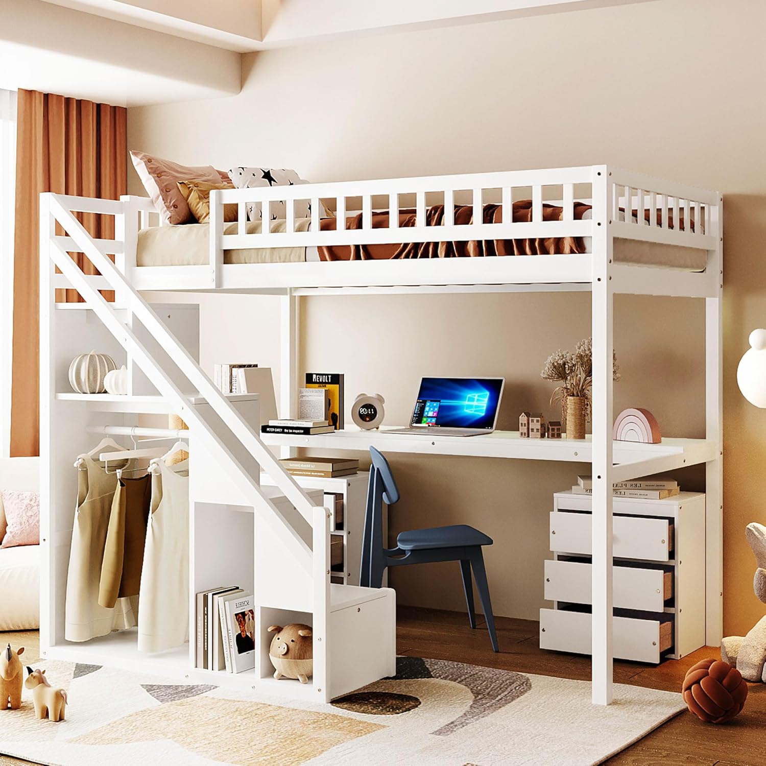 Bellemave Twin Loft Bed with Stairs and Shelves, Wood Loft Bed with Two Chest of Drawers, Wardrobe, LED for Kids, Teens, Adults, White