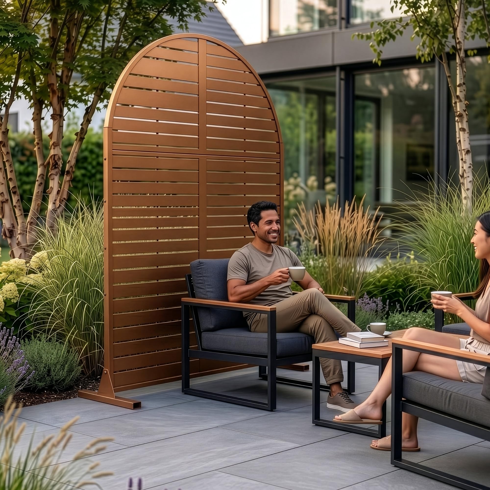 casa.pro Biombo Nordepp diseño Arco Redondeado Acero 180x90x40cm Marrón | Separador de ambientes tabique exterior interior pantalla de privacidad protección contra sol para jardín terraza balcón