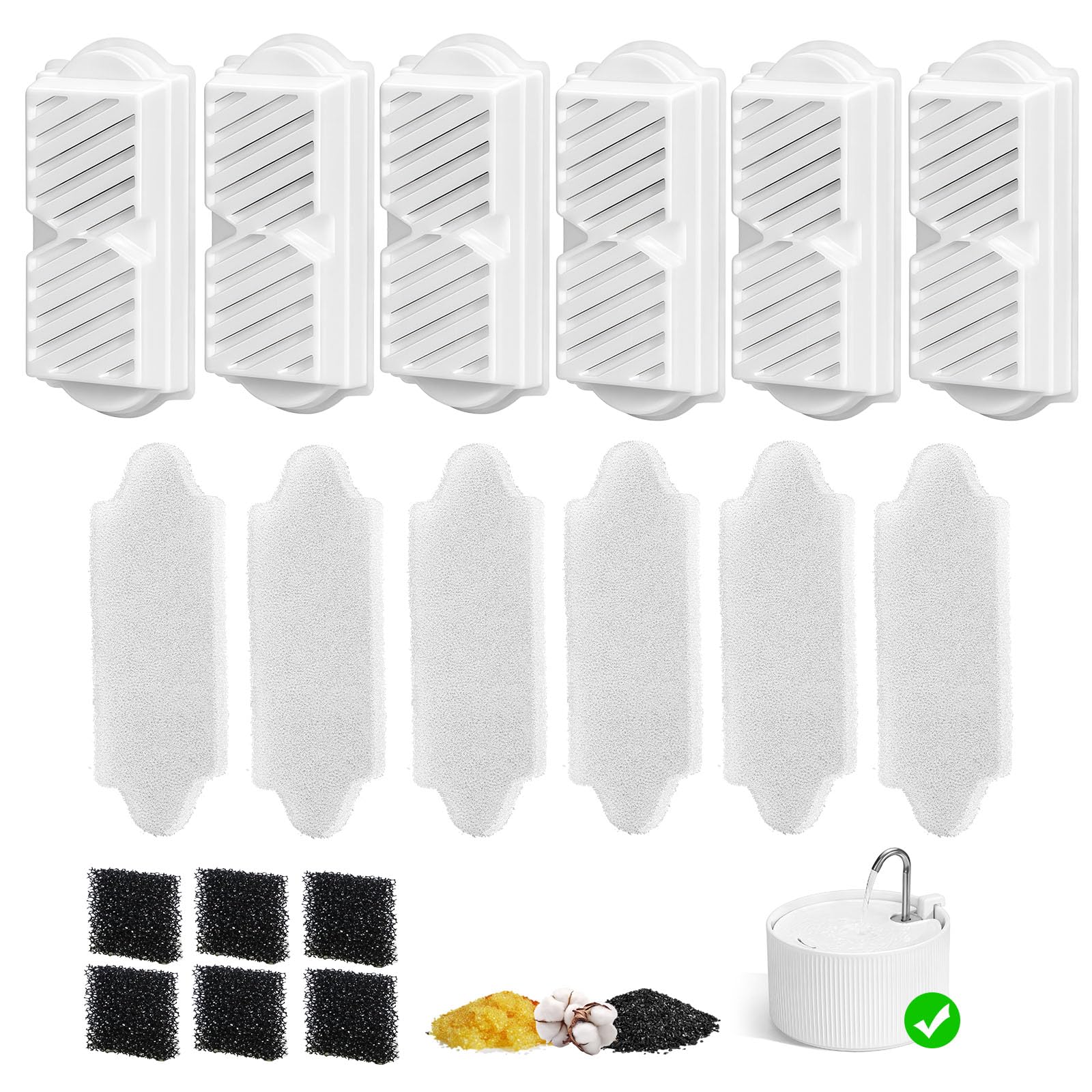 6+6+6 Cat Water Fountain Filters, VinDox Cat Water FilterReplacement for 2.2L/74oz Ceramic Cat Water Fountain, Cotton Carbon Ion Resin, Traps Hair Removes Odor Softens Water
