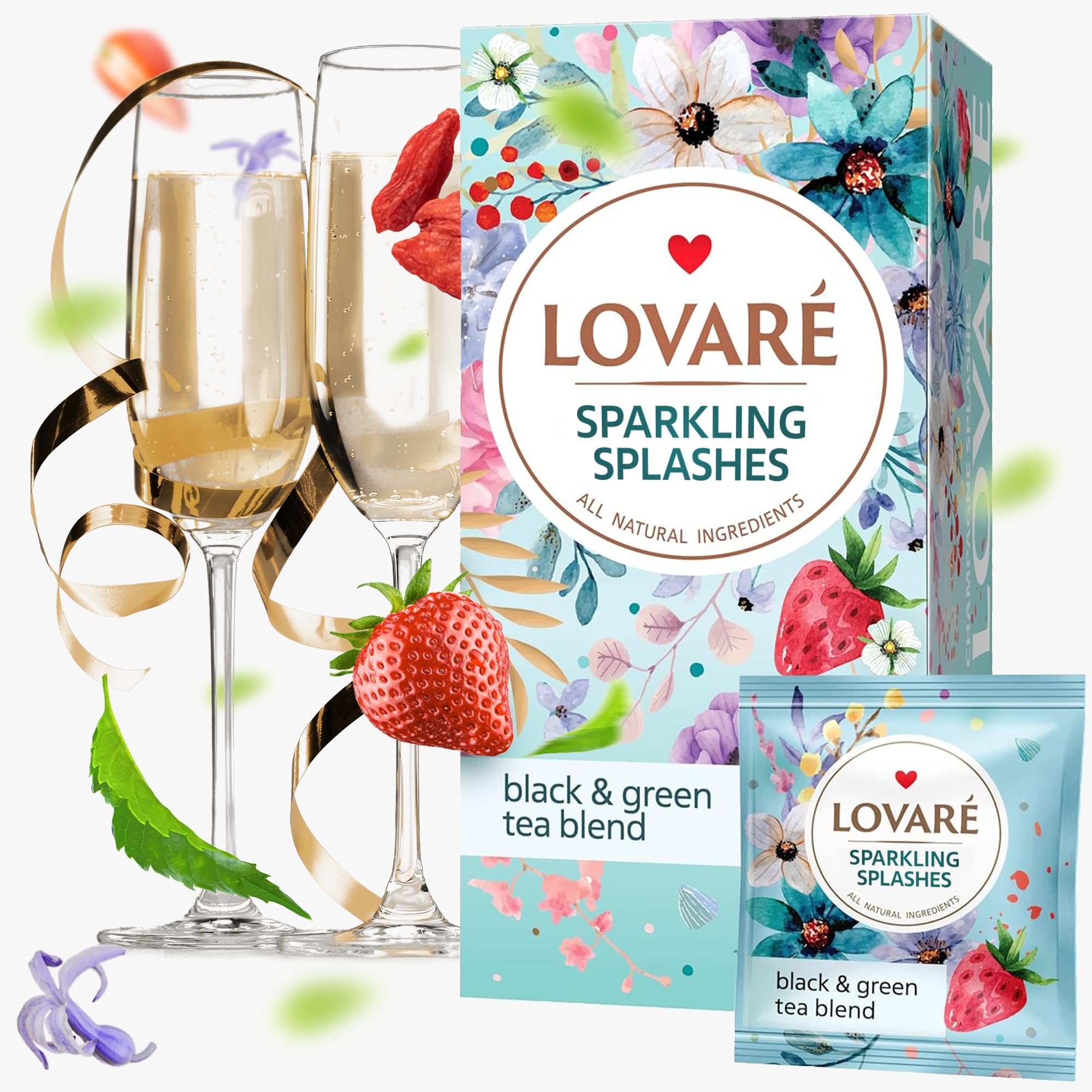 Sparkling Splashes Tea Bags 48 g - Made in Ukraine - Classic Black and Sencha Green Flavored Tea Blend - Tea Bags Individually Wrapped - Gift Box Sets for Tea Lovers (24 Tea Bags x 2 g Each)