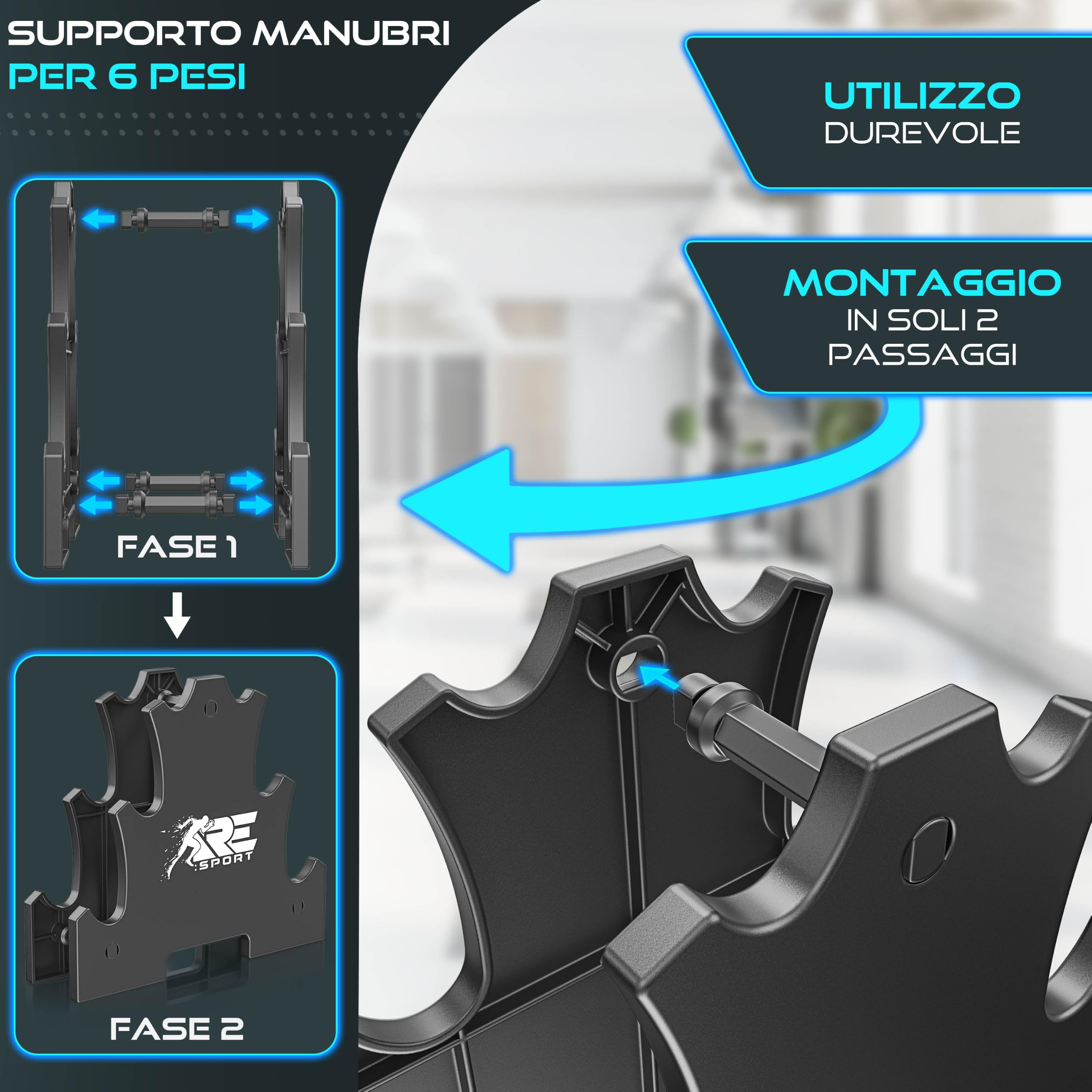 RE:SPORT® Set di manubri da 3 paia, da 1 kg a 5 kg, 12 kg o 18 kg, con supporto e 3 fasce da fitness, manubri corti antiscivolo in neoprene per uomo e donna, set di manubri