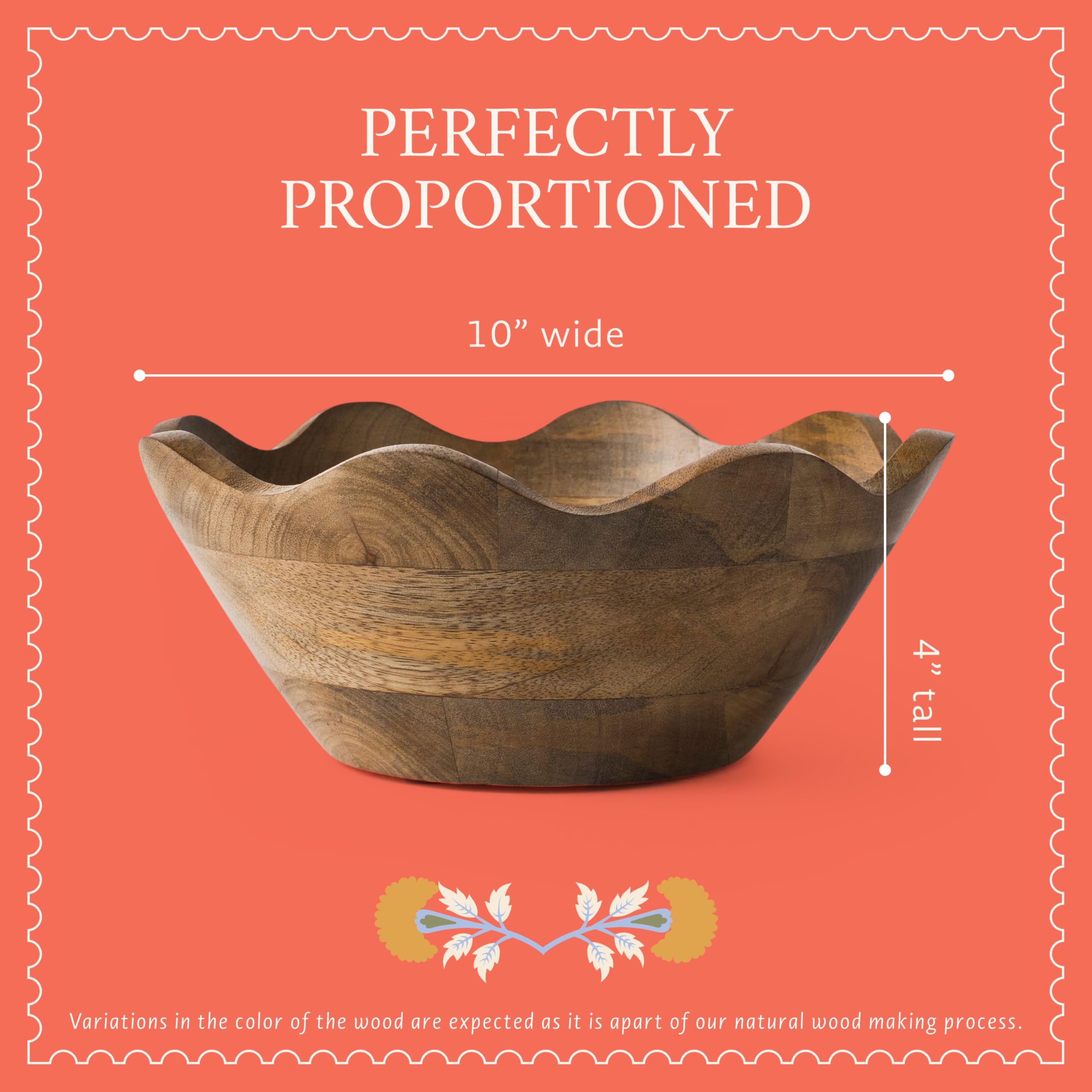 Mela Artisans Cuenco festoneado de madera, mediano, estilo decorativo con volantes, decoración rústica de cocina, madera de mango, acabado de grano natural, se adapta a pan, frutas, ensalada o