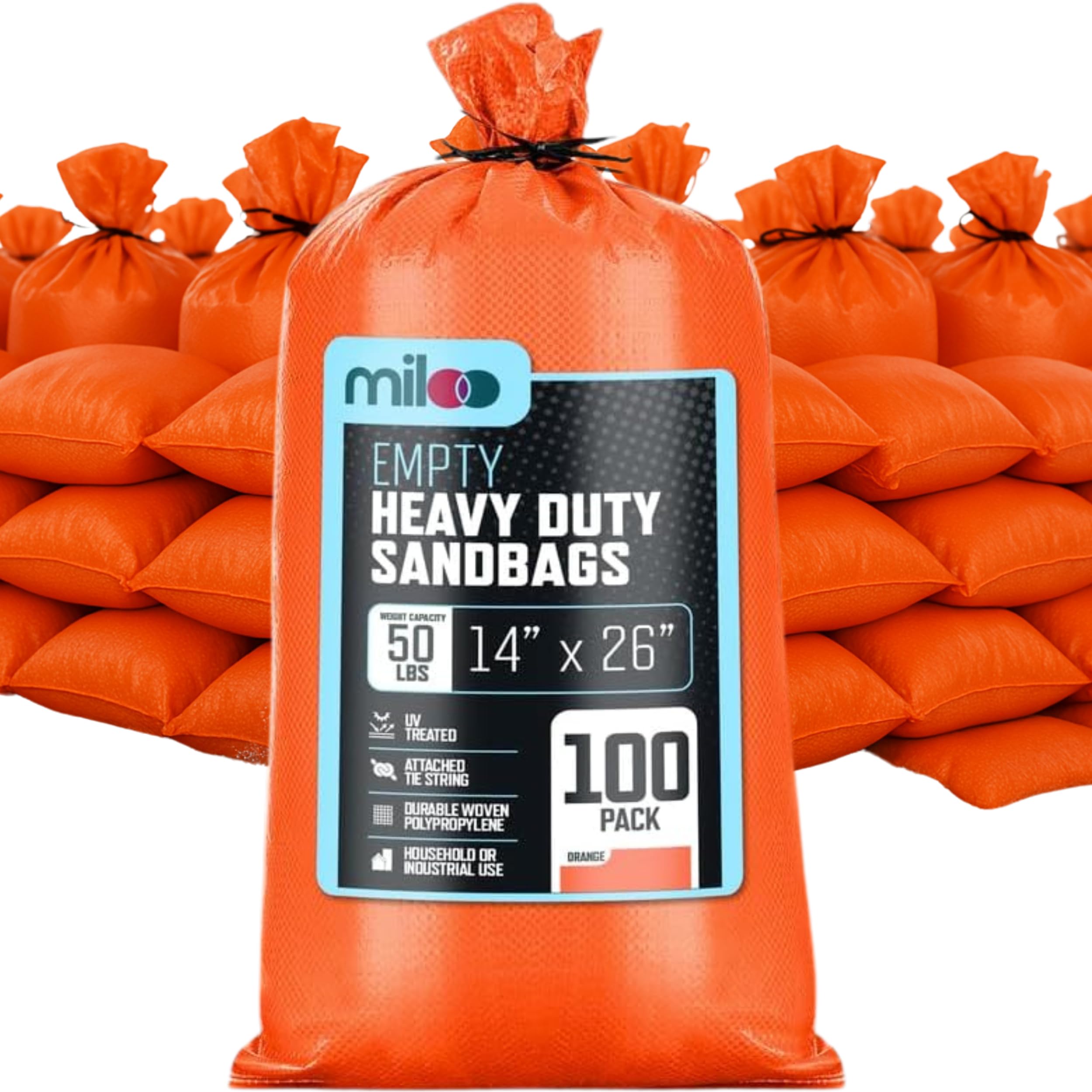 Orange Sand Bags for Flooding - Heavy Duty 50 lb Empty Sandbags with Tie Strings for Flood Control - 1600 Hours of UV Protection Woven Polypropylene Bags - 14 x 26 Inches each - Bulk Pack of 100