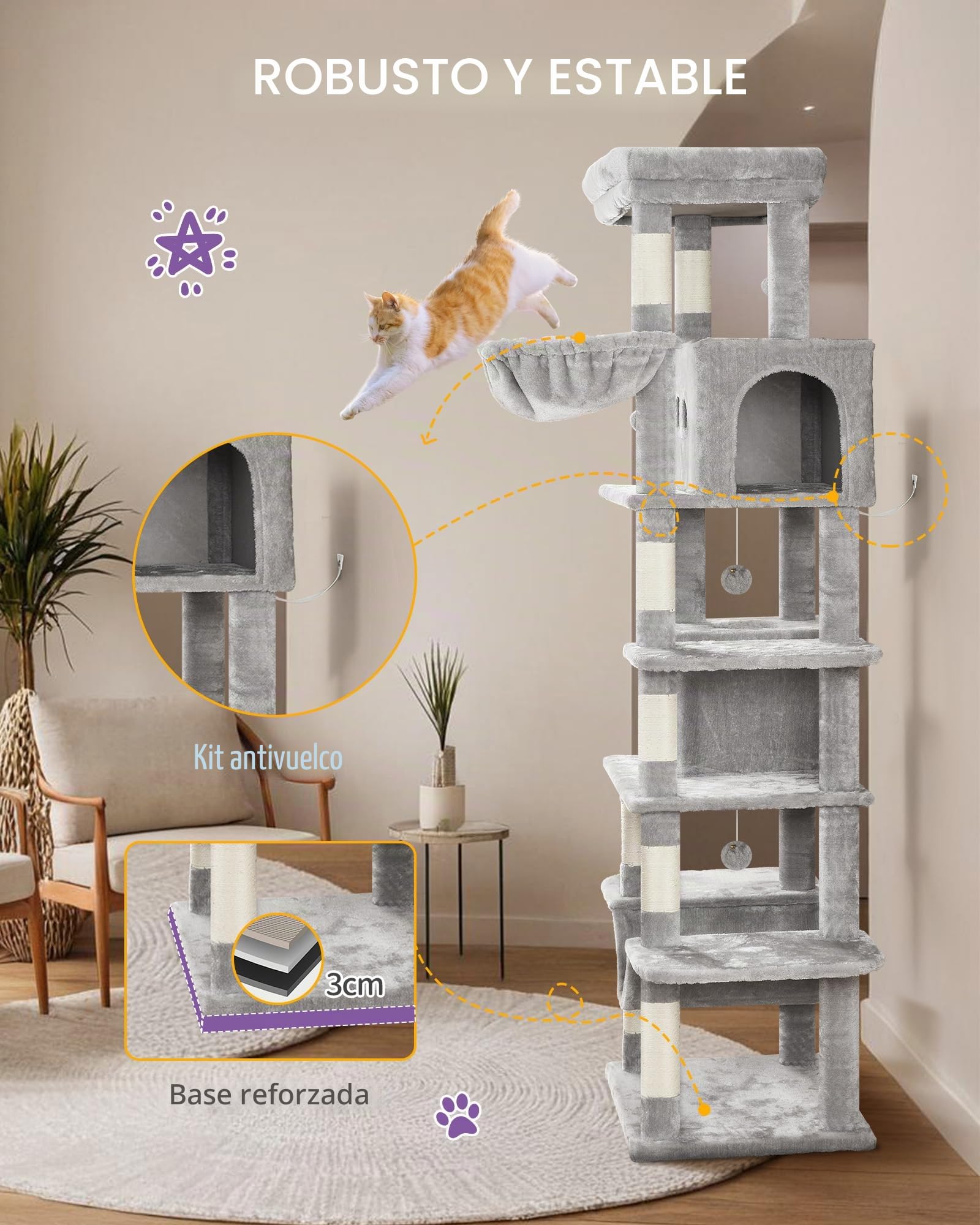 Hzuaneri 170cm Rascador para Gatos, Árbol para Gatos, 2 Cuevas, Plataforma, 1 Hamaca, 1 Cesta, 3 Pompones, L(50 x 40 x 170 cm), Gris Claro MS17018LG