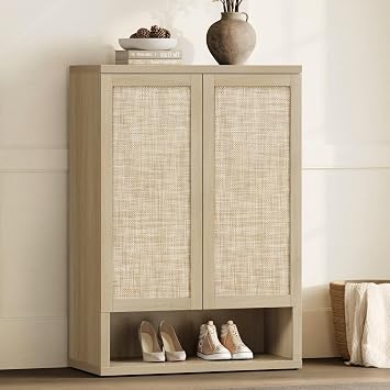 SICOTAS 31.2" Wide Rattan Shoe Storage Cabinet for Entryway with 2 Doors