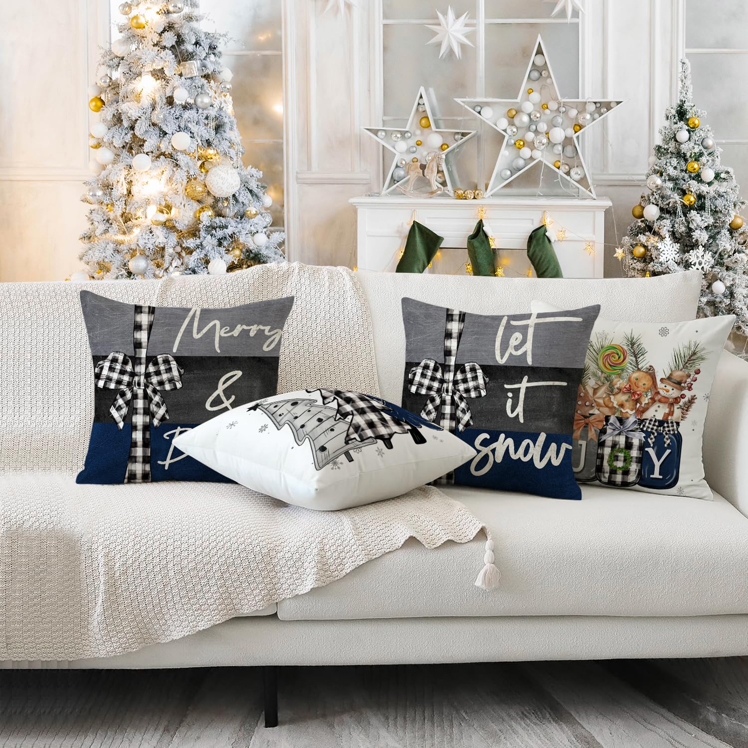 Set 4 Federe Decorative Per Cuscino 61x61 Cm Con Albero Di Natale, Blu E Bianco, Tessuto Naturale, Per Interni/esterni - 2