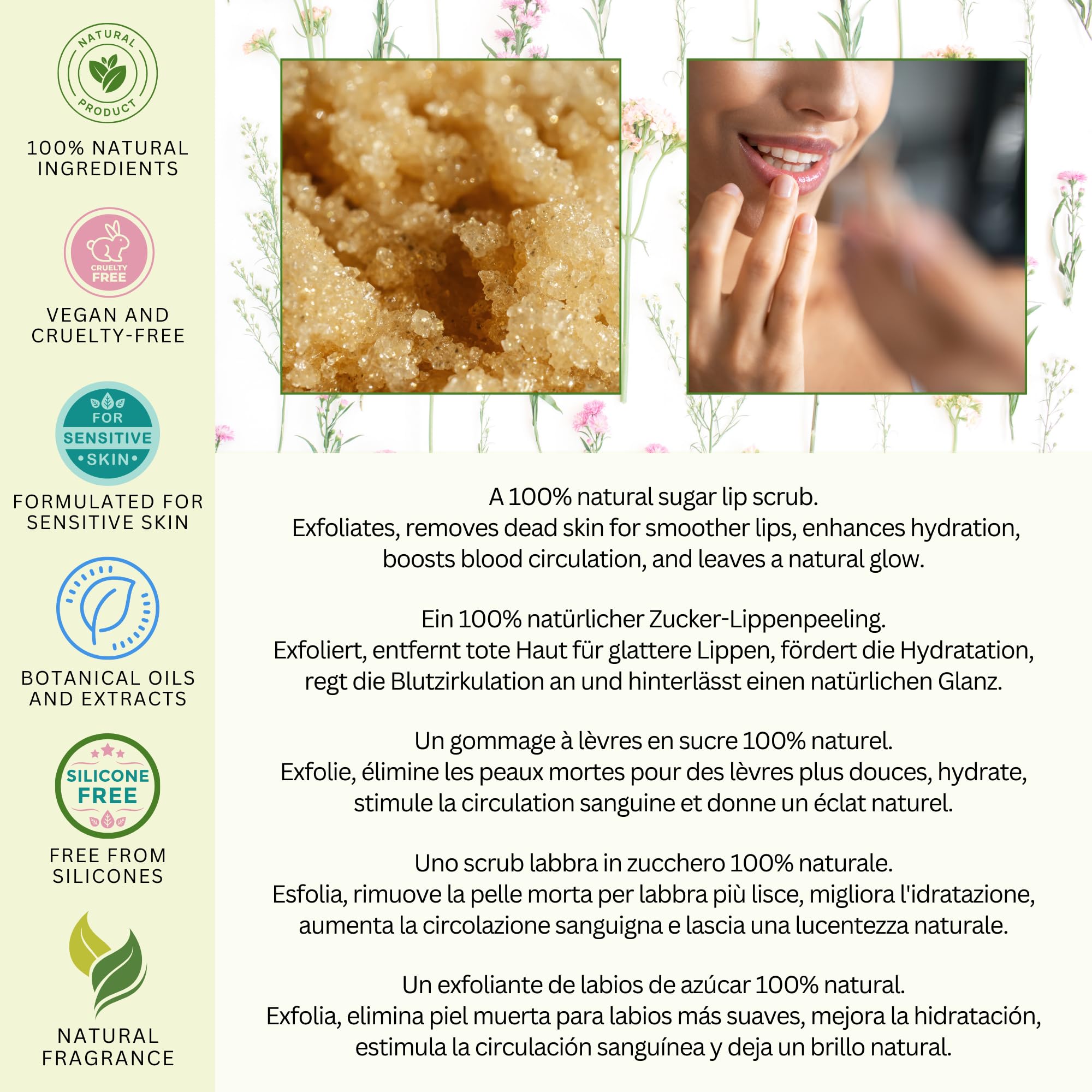 100% Naturel GOMMAGE AU SUCRE POUR LES LÈVRES - avec MIEL & VANILLE et HUILE DE JOJOBA & VITAMINE E - 60g - par AMOR FLORUM. Gommage au Sucre Exfolie et Nourrit les Lèvres en Douceur.