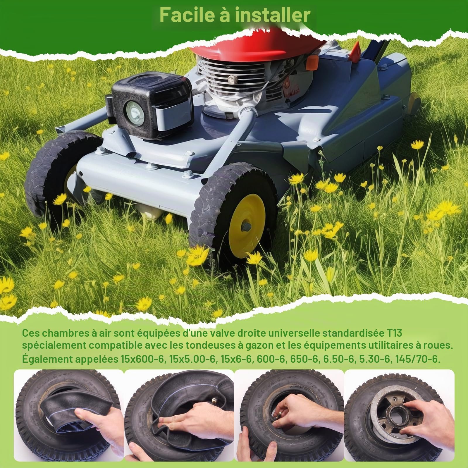 Lot de 2 chambres à air 15 x 6.00-6 pour tracteur pelouse avec tige droite TR-13, valve coudée pour pneus de diable, tondeuses à gazon, tracteurs de cour, VTT, brouettes, karts, chariots de golf