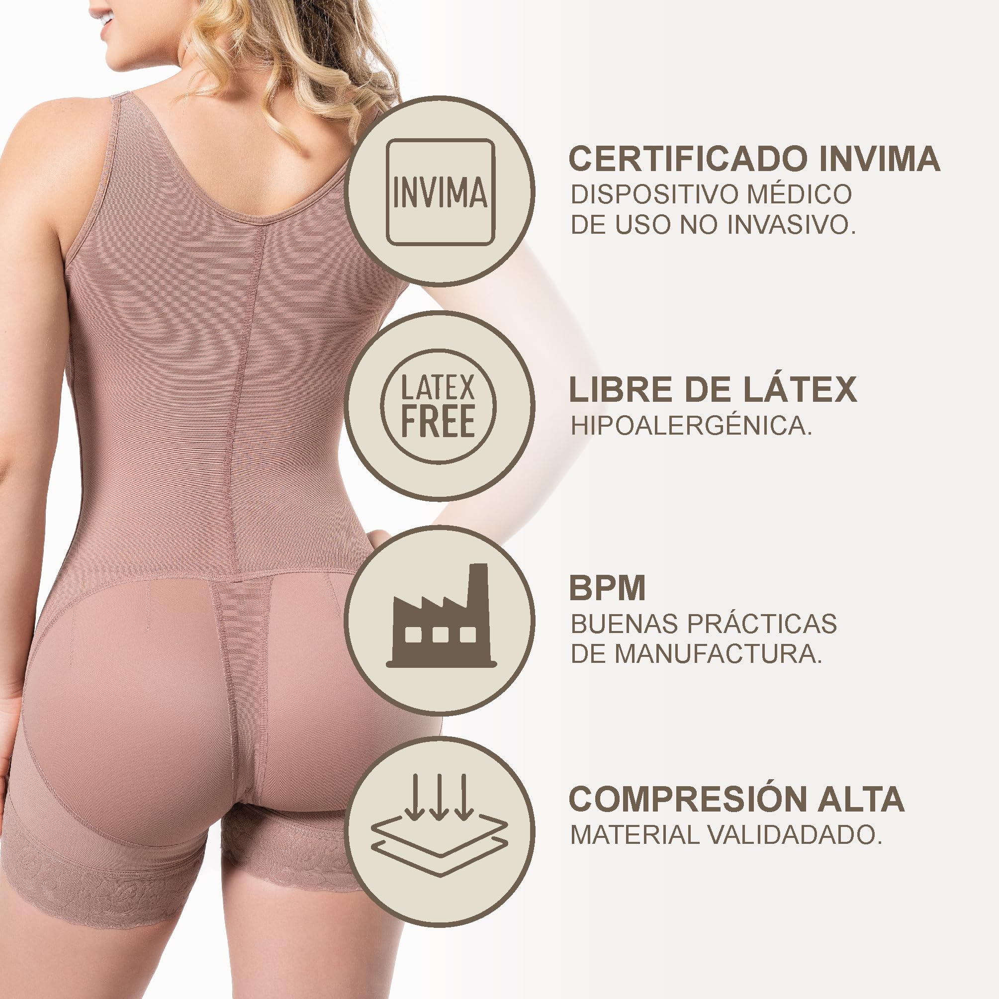 Faja Cachetera Ref AS005 - Compresión Fuerte, Abrochadura 4 Posiciones, Refuerzo Abdominal, Realce de Glúteos, Abertura Perineal y Cargaderas Removibles