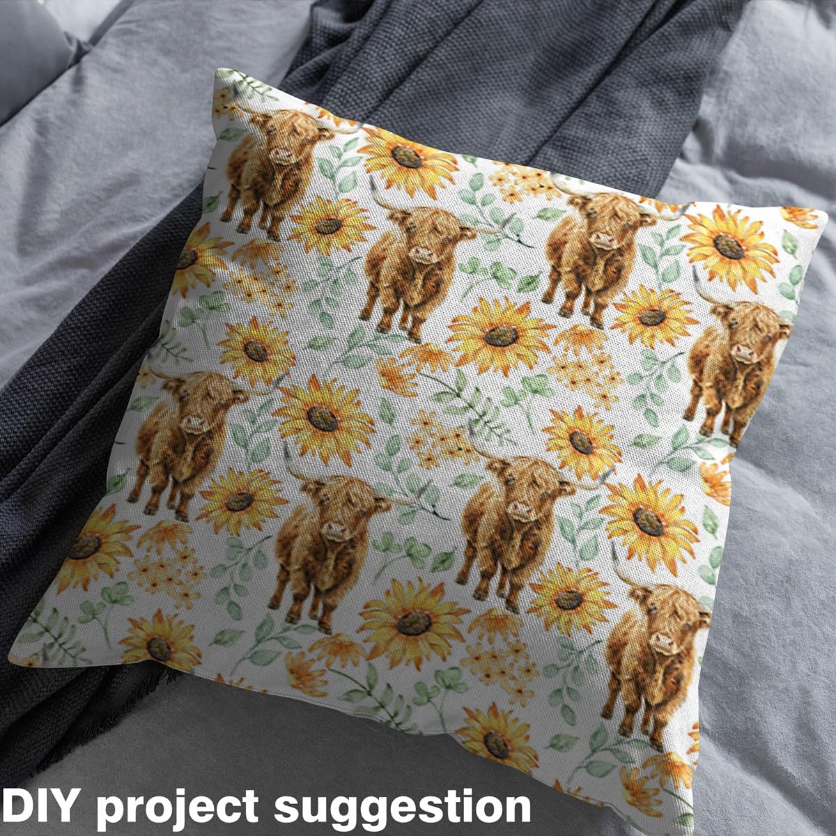Homemissing Highland Cow Fabric by The Yard 1 Yard (L92*W150cm) Sunflower Floral Decorative Waterproof Fabric Highland Cattle Farmhouse Animal Western DIY Decor - Image 4