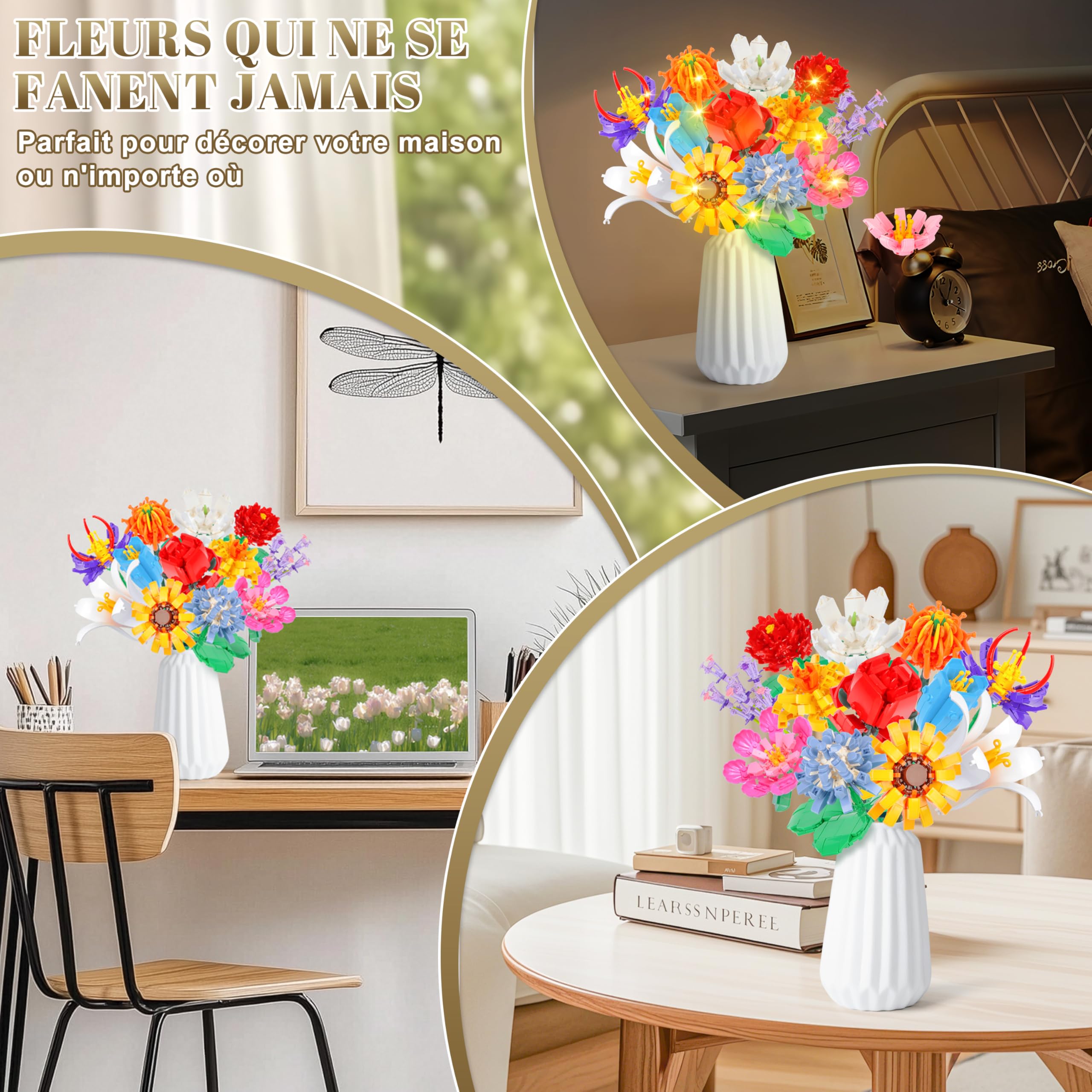 Kit de Construction Bouquet de Fleurs Charmofun, 1064PCS LED Blocs de Fleurs, 12 Types de Bouquets, Cadeau Fête des Mères Anniversaire Noël