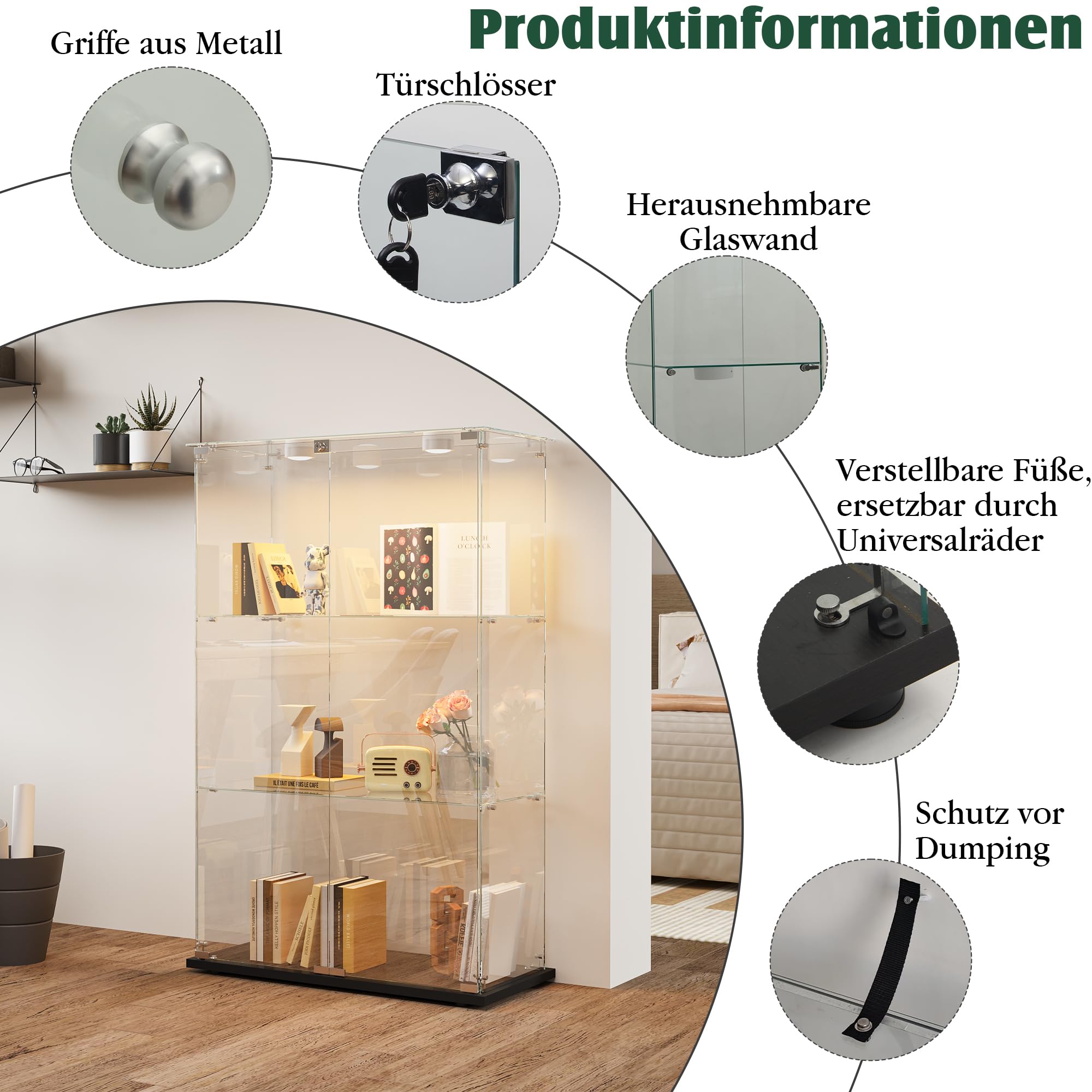 3-poziomowa zamykana witryna wystawowa ze światłami LED, 123 x 35 x 78 cm, ciekawska witryna na przedmioty kolekcjonerskie, elegancka witryna do przechowywania w salonie, futrzana witryna