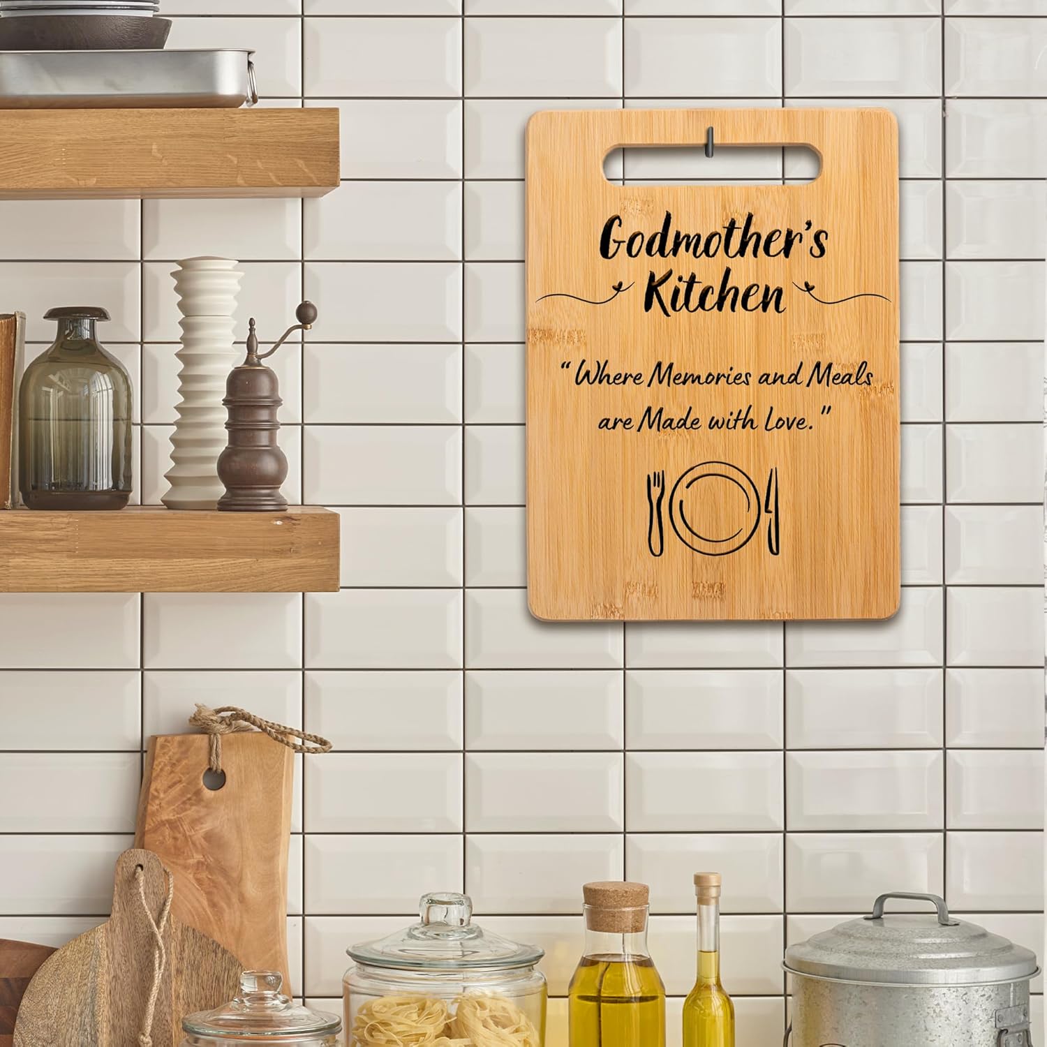 Gift for Godmother: Godmother's Kitchen Where Memories and Meals Are Made - Decorative Bamboo Cutting Board with Handle, 12" x 8" - Image 4
