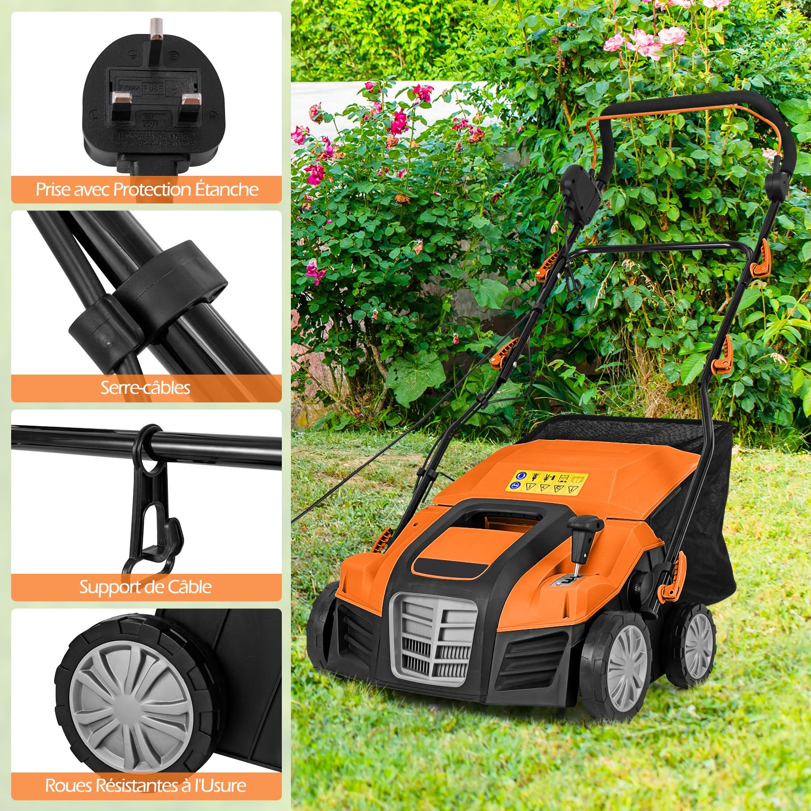GOPLUS 2 en 1 Déchaumeuse Scarificateur Electrique 2000W, Largeur de Travail 40cm, 3500rpm, 5 Profondeurs Réglable, 3 Hauteurs Poignée, Sac 55L Amovible, Râteau Electrique Pliable Pelouse 800㎡(Orange)