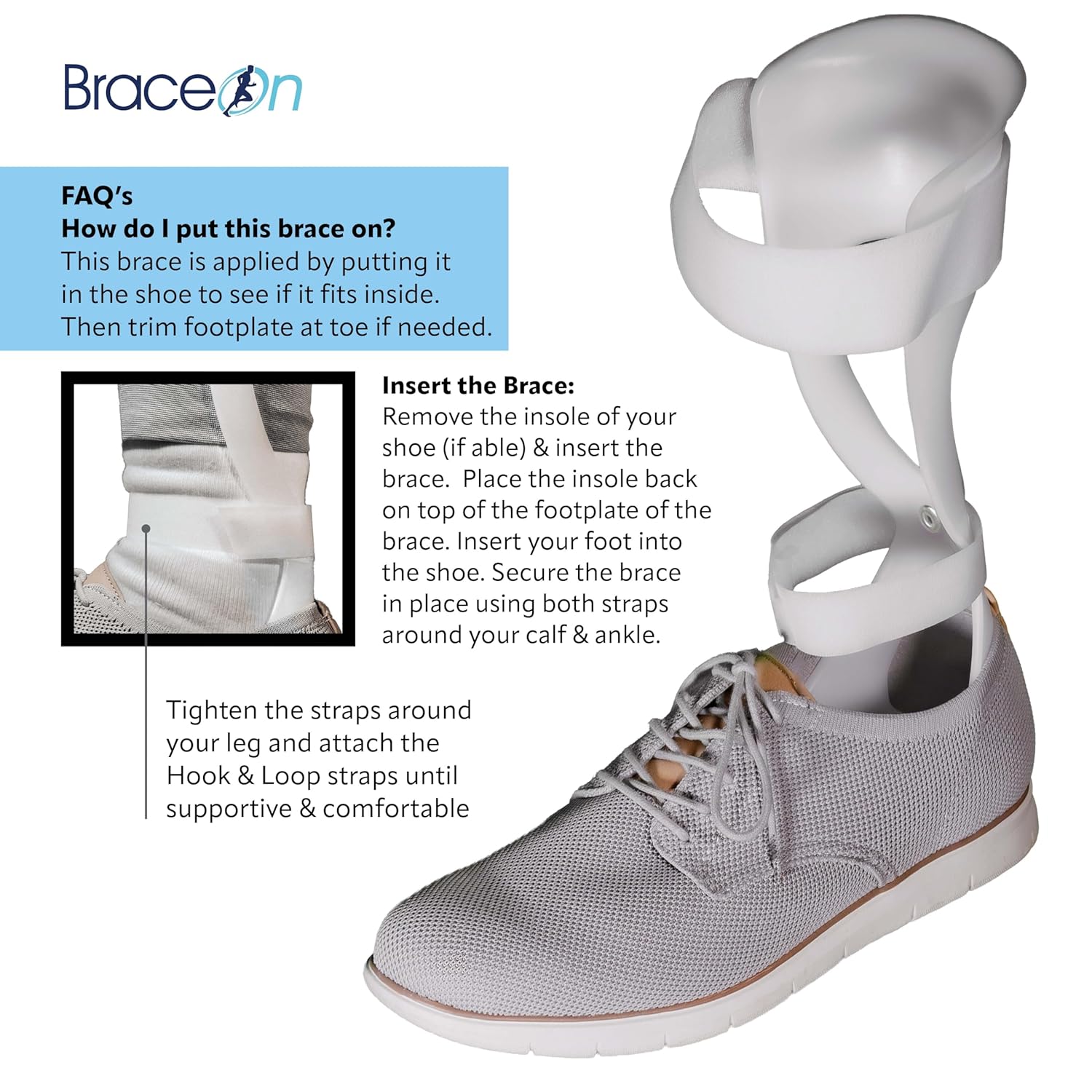 BraceOn AFO Swedish Drop Foot Stabilizer for Walking and Exercise, Drop Foot Braces for Men, AFO Brace & Foot Drop Braces, Foot Boot for Injured Foot, Men, Left