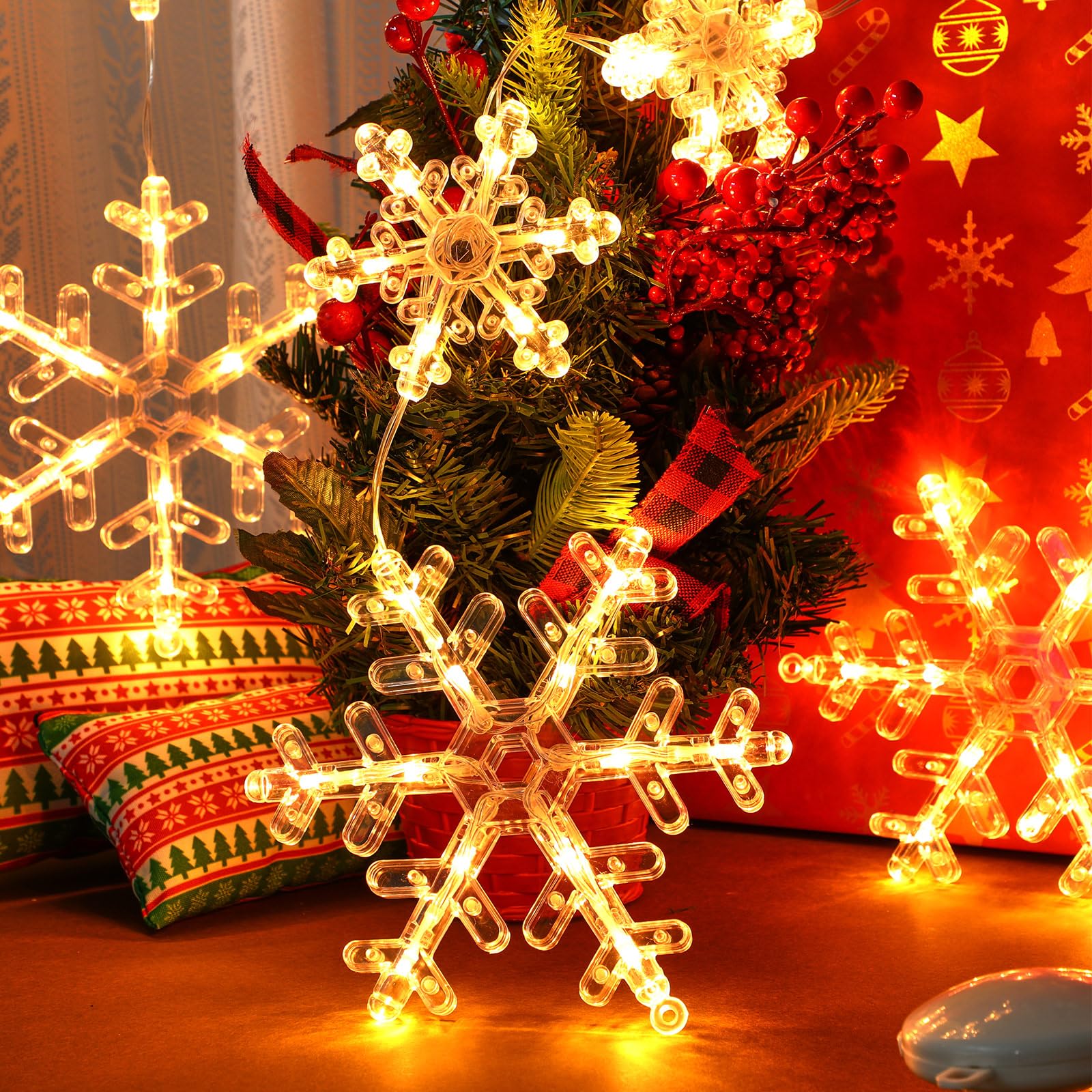 Tujoe 8 Stück Timer Weihnachten Fenster Lichter Dekorationen Schneeflocke Weihnachten Hängeleuchten mit Saugnapf, 2 Modi, batteriebetrieben für Weihnachten, Urlaub, Neujahr, Außen- und Innendekoration
