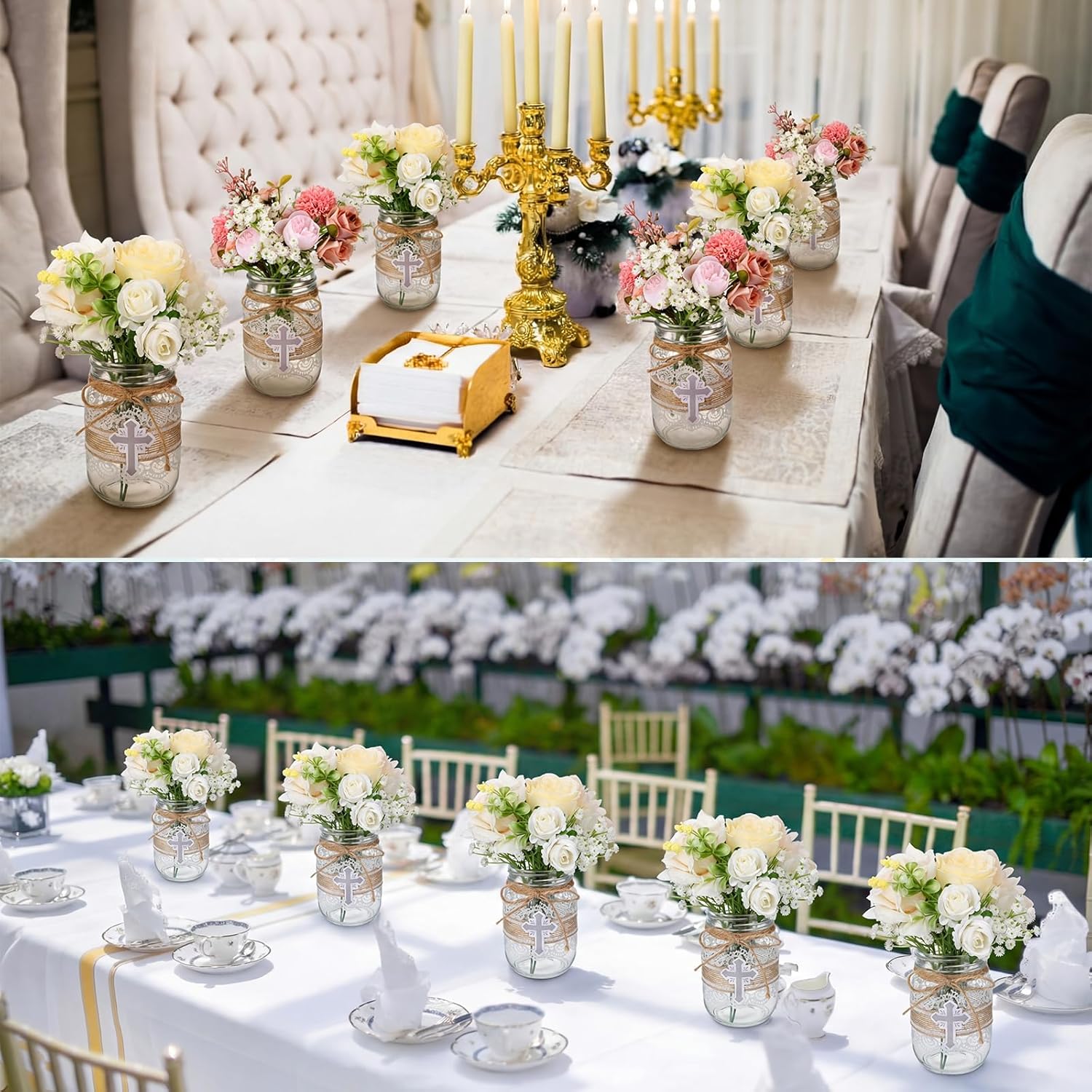 Remerry Baptism 12 Packs Cross Mason Jar Table Centerpieces with Lace Burlap for Baptism First Communion Tabletop Mason Jar Vases Religious Christening Wedding Party Decorations