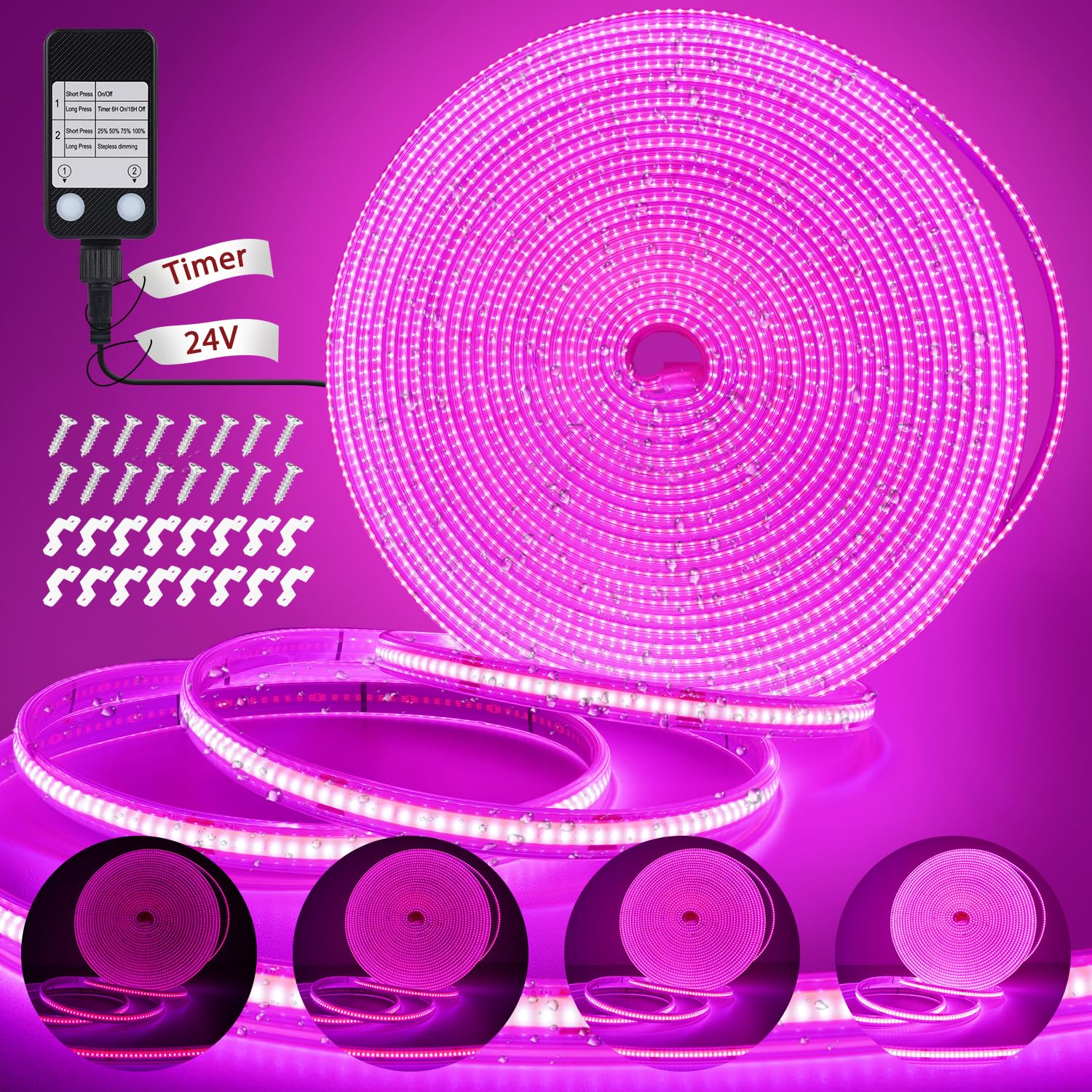 Starryever Pink 10M Led Strip Lights, Outdoor 3200 Leds 24V Cri90+ Dimmable Plug-In Cob Light Strip Waterproof, Timer Led Strips With Ukca Power Supply For Kitchen, Camping, Diy, Home Decoration