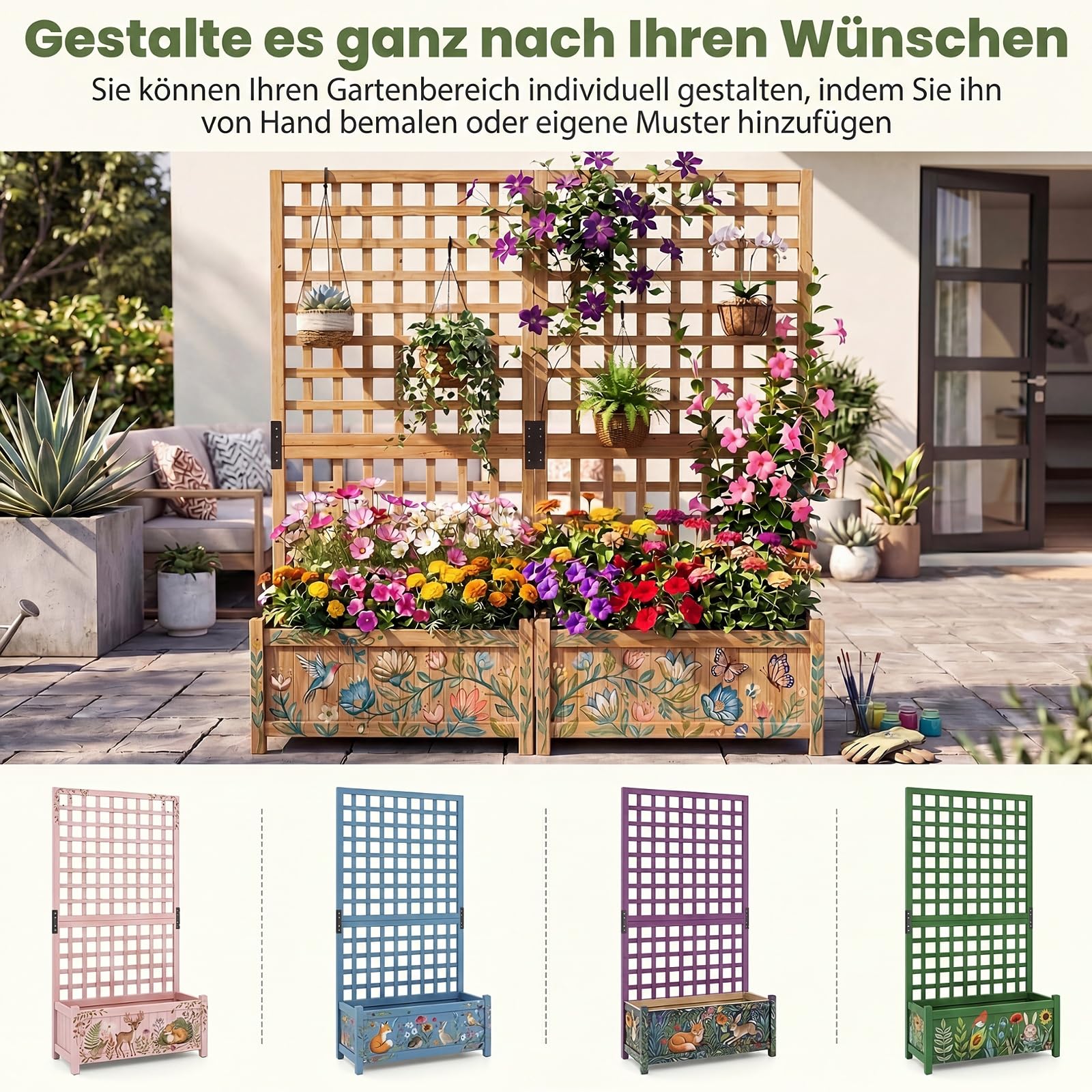 COSTWAY Blumenkasten mit Rankgitter, Pflanzkasten Tannenholz, Pflanzkübel mit Sichtschutz, Hochbeet mit Spalier & Drainagelöchern, Rankhilfe für Kletterpflanzen Garten, 76 x 32 x 143 cm (Orange)