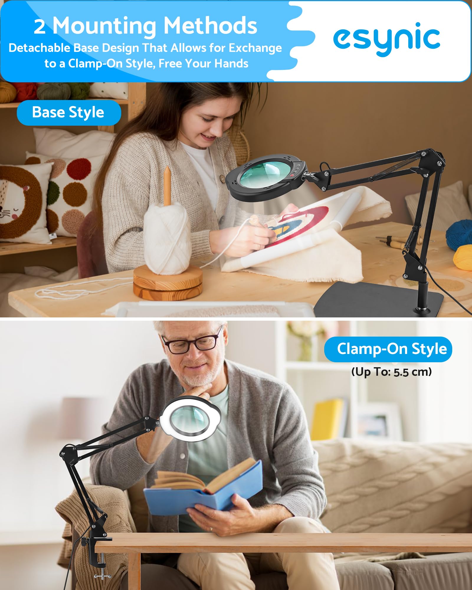eSynic 10X Magnifier Lamp Desk Magnifying Glass with 84 LED Light Tabletop&Clamp Style with Metal Base, Black - Image 3