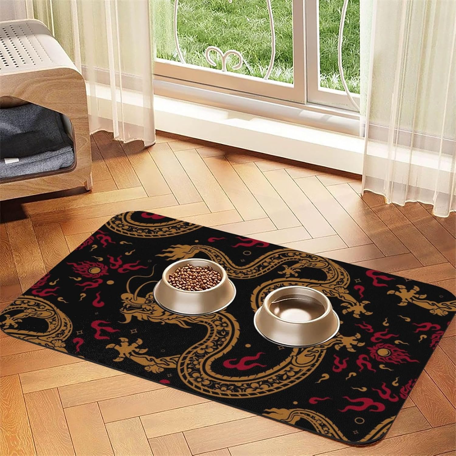 Cool Dragon Pattern Leather Absorbent Pet Feeding Mat Non-Slip for Dogs Cats 40x60cm