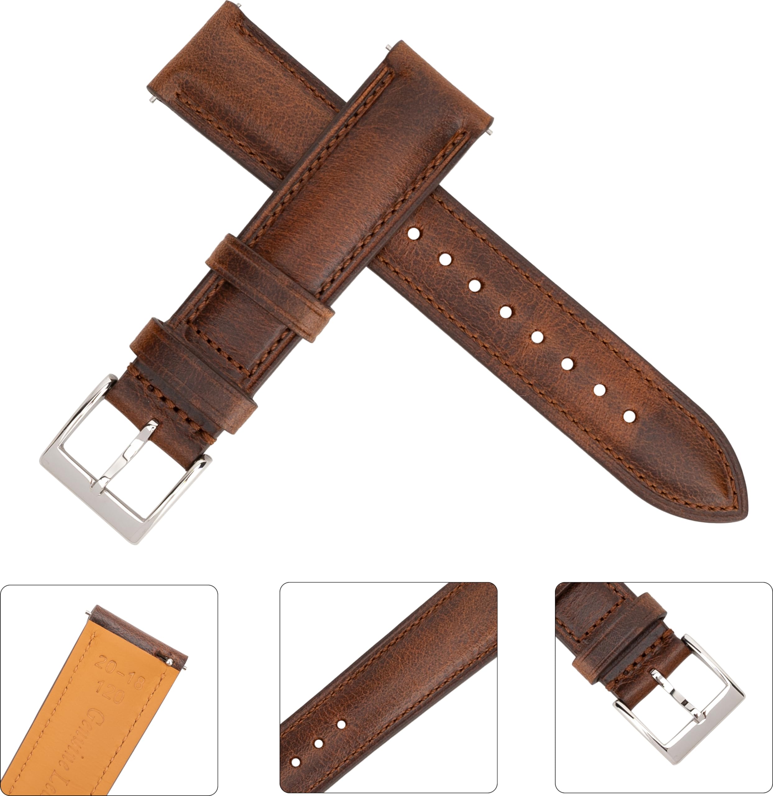 Bracelet de montre en cuir à libération rapide, style vintage, tanné à l'huile, pour hommes et femmes, 16 mm, 18 mm, 19 mm, 20 mm, 21 mm, 22 mm, 24 mm