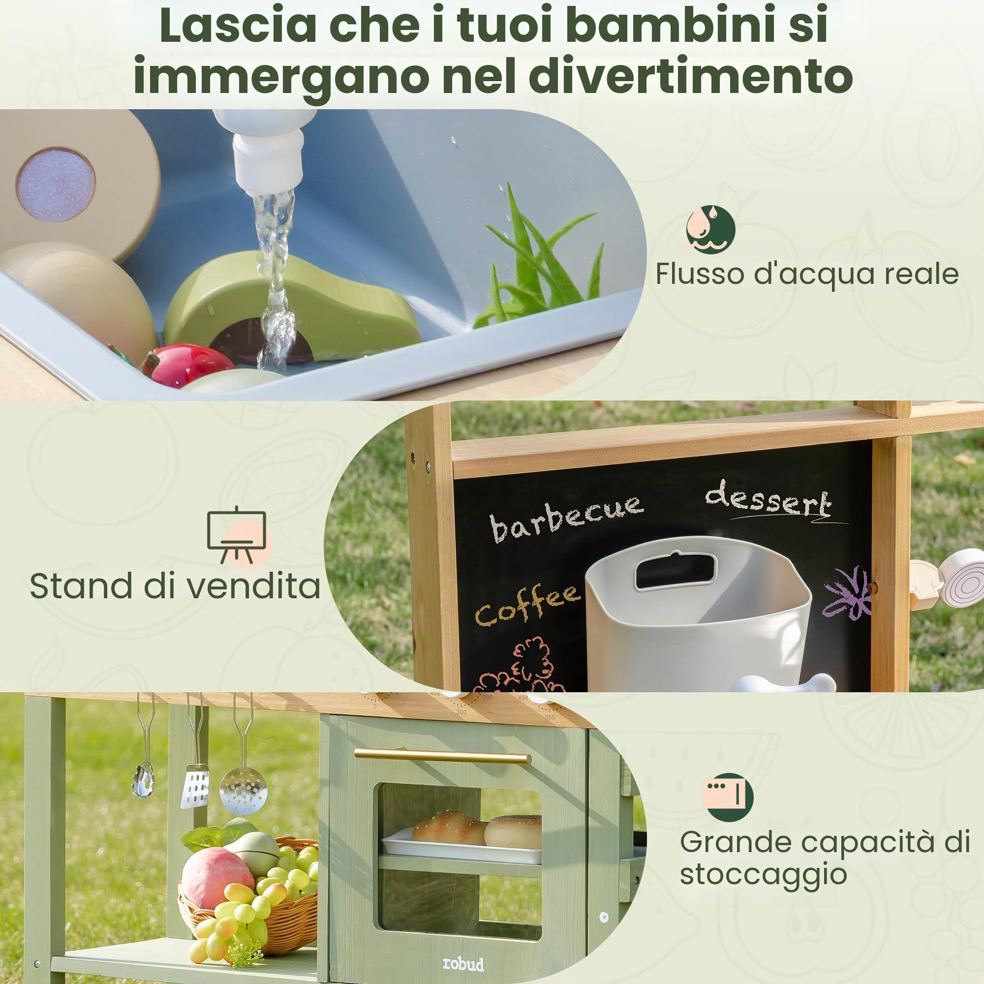 ROBUD Cucina in legno per bambini, 17 pezzi di cucina finta con lavello, lavagna e accessori da cucina, cucina giocattolo all'aperto per barbecue, set di giochi educativi per bambini dai 3 anni in su