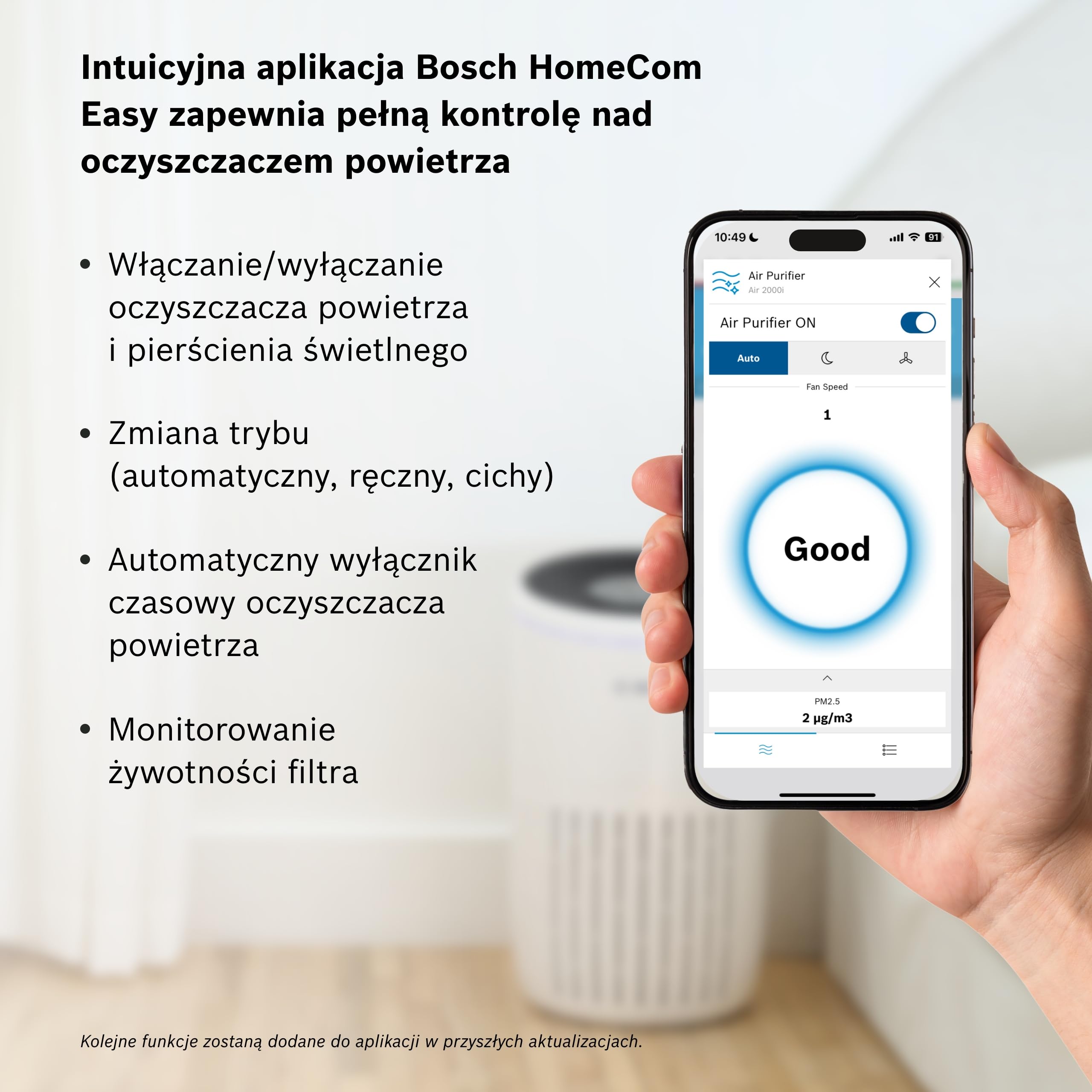 Bosch Air 2000i, oczyszczacz powietrza z aplikacją, do 37,5 m² | Z filtrem powietrza 3 w 1, czujnikiem inteligentnym, trybem automatycznym, trybem cichym (< 25 dB(A)), CADR: 180 m³/h