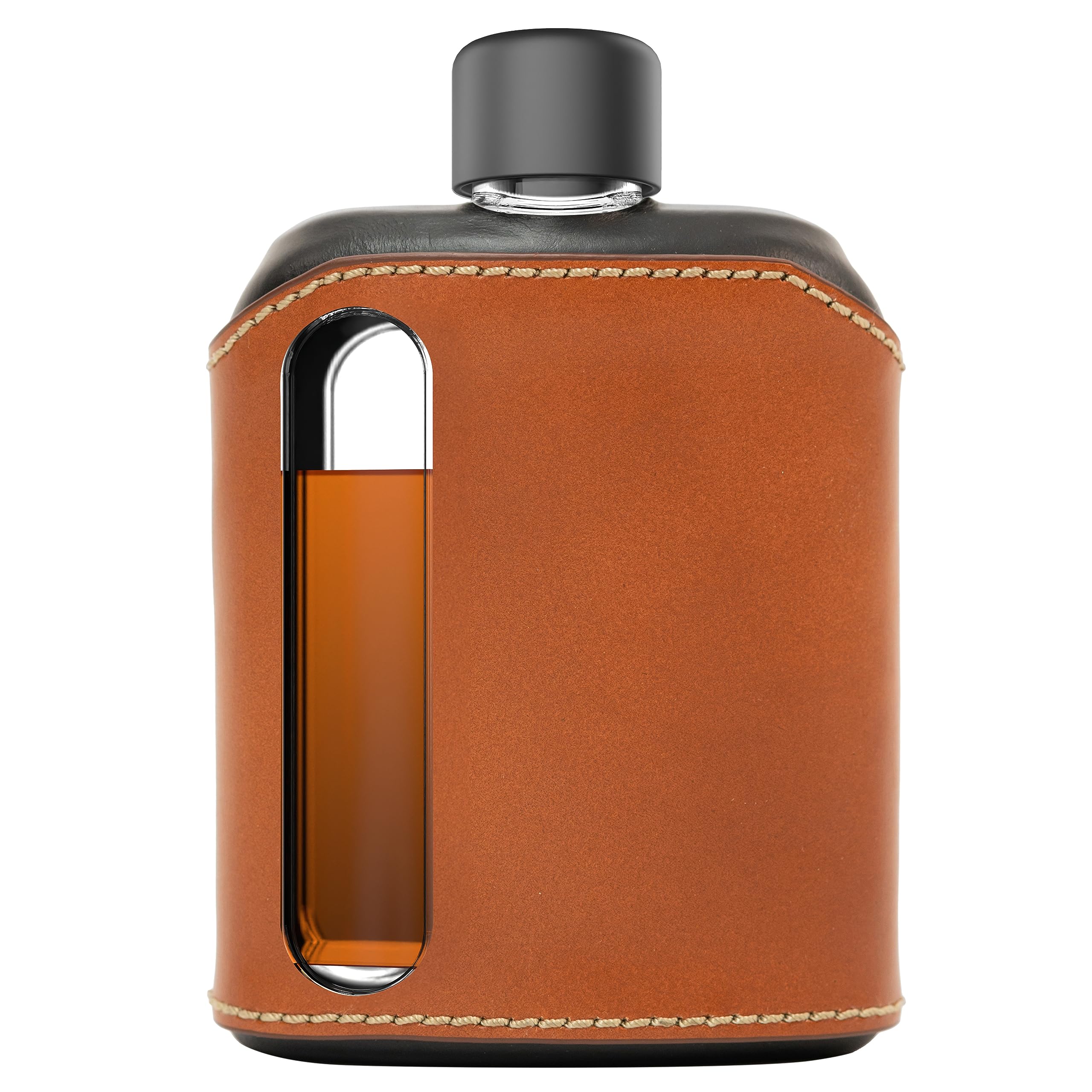 RagproperModern Glass Hip Flask - Durable Leather Covered Flask for Whiskey, Spirits, & Other Liquor - Ideal Glass Flask for Men & Women (Double Shot 240ml, Leather, Black & Tan)