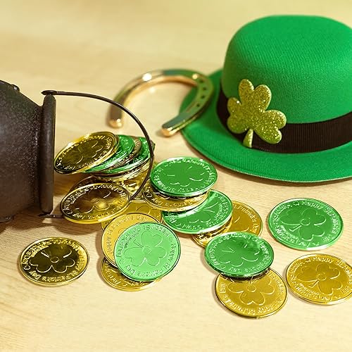 Miniatura 7 de OHOME Monedas de oro para el Día de San Patricio, 120 monedas de plástico de trébol verde y dorado, accesorios para el día de San Patricio,