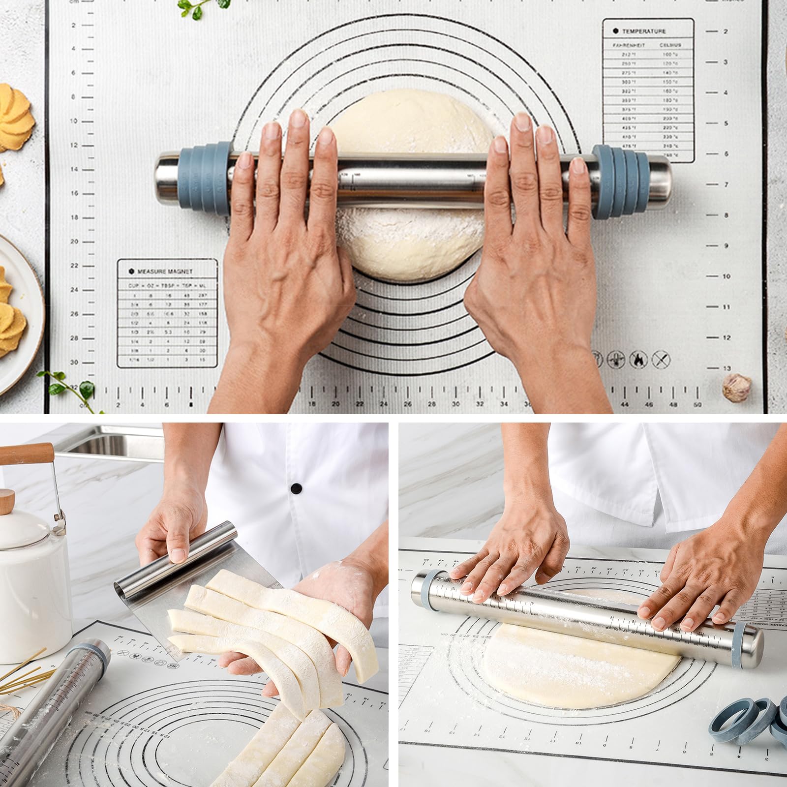 Mattarello in acciaio inox,Mattarelli Antiaderenti,Mattarello Regolabile con 8 Anelli di Spessore,con Tappetino da Forno in Silicone Pennello Olio spatola per Pasta,Pizza,Torte
