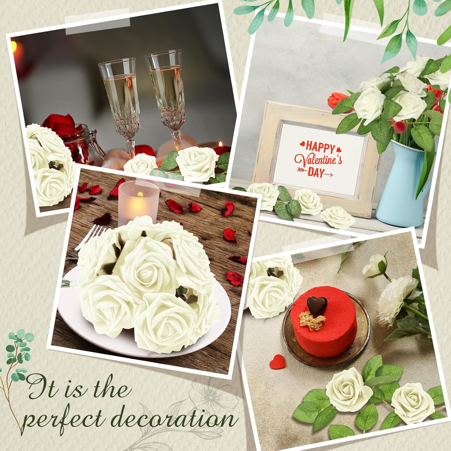 Sherr 250 Pcs Artificial Roses Flowers Bulk Fake Rose with Stem Faux Bridal Flower Centerpiece for Wedding Valentine's Day Christmas Tree Decorations Bridal Shower Party DIY Bouquet(White)