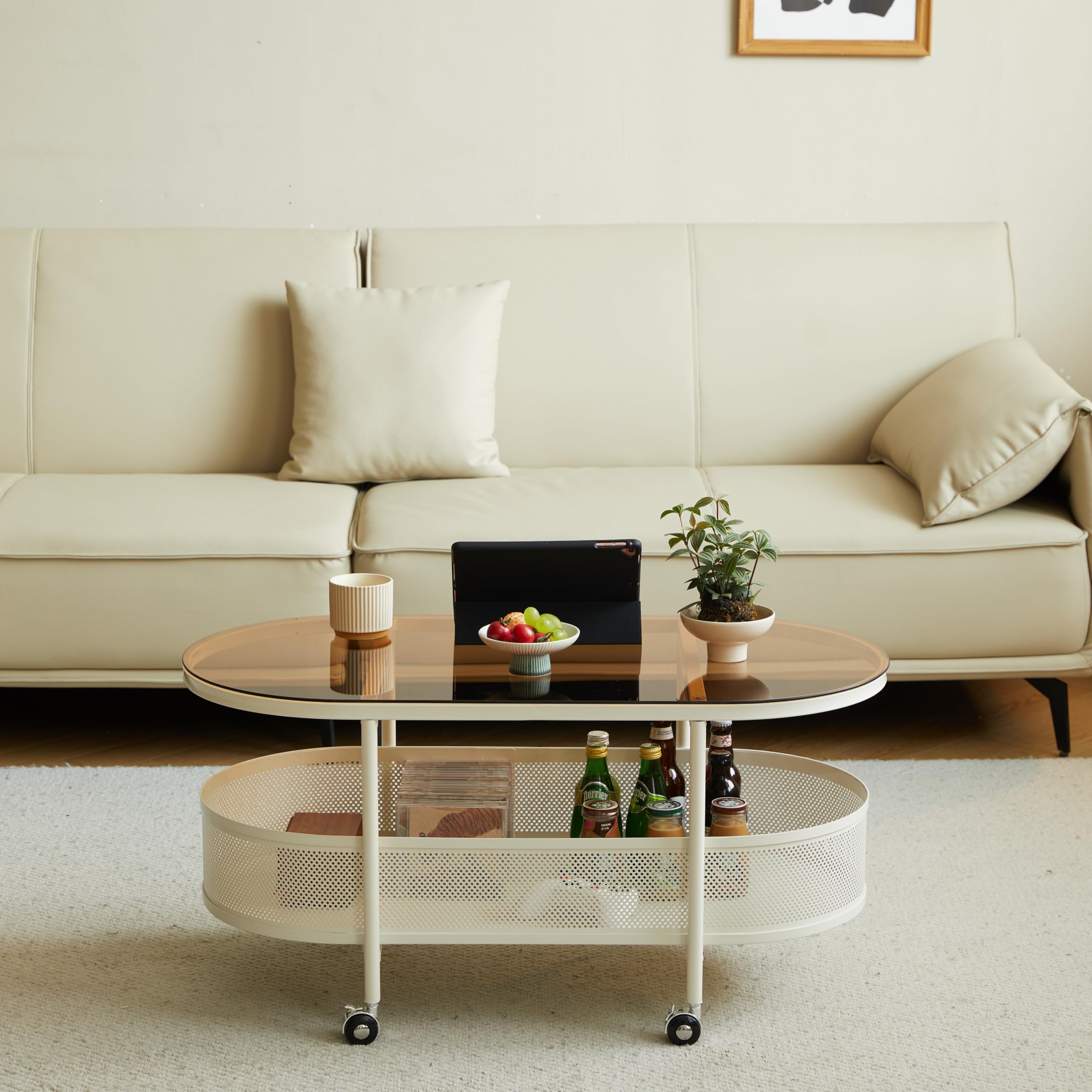 Movable Oval Coffee Table with Tempered Brown Glass and Storage, 35'' x 17'' Stylish Functional Metal & Glass Tea Table for Living Room