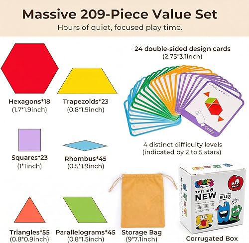 Miniatura 2 de LovesTown 209 piezas de bloques de madera con formas para niños, geométricos con tarjetas de actividades y bolsa de almacenamiento, rompecabezas