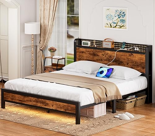 Miniatura 5 de Furnulem Base de cama tamaño Queen con luz, cabecera de almacenamiento industrial con toma de corriente y puerto USB, plataforma de madera Queen con