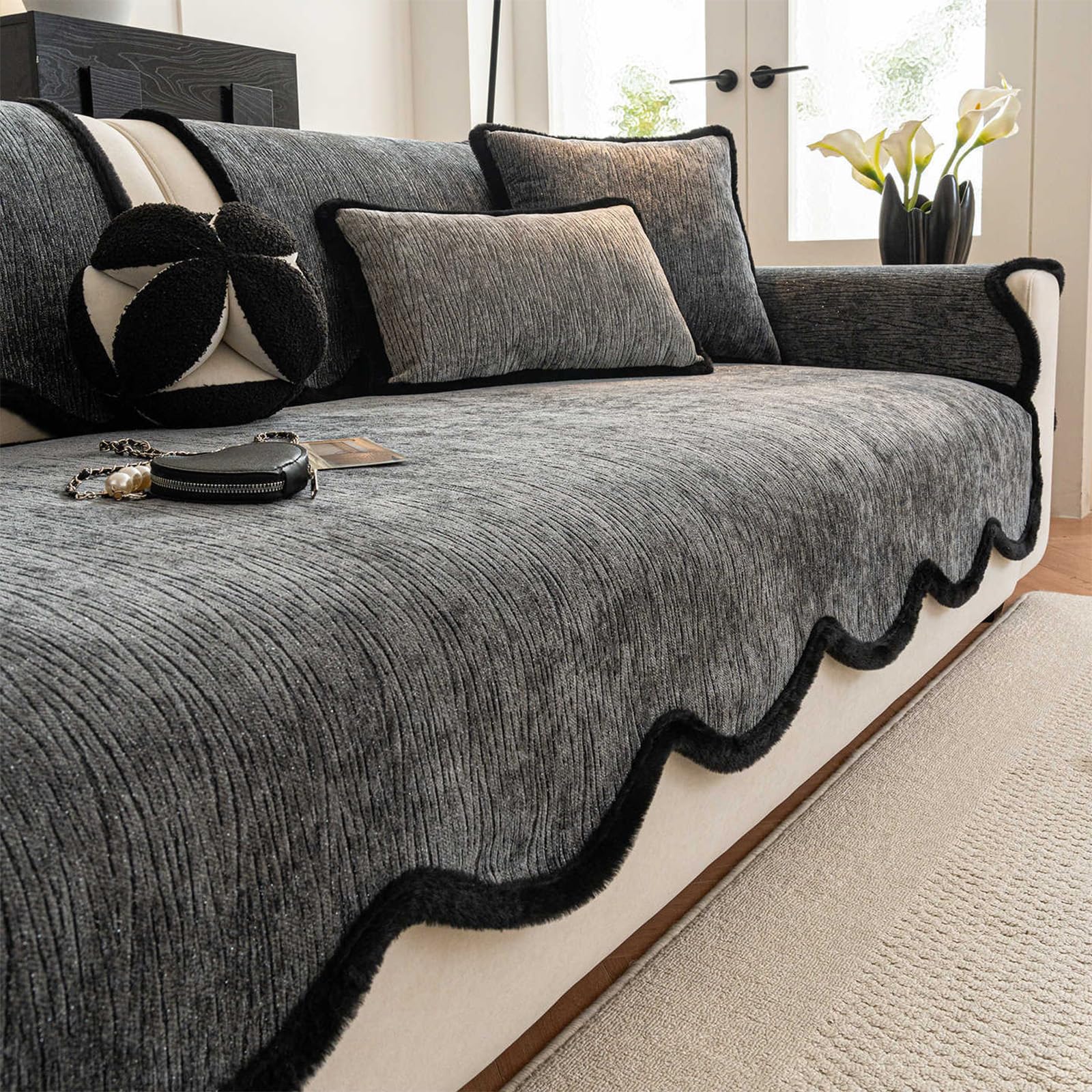 Couchbezug für Sofa 2 3 4Sitzer, rutschfeste Chenille-Sofakissenauflage(Grey,120 * 180cm)