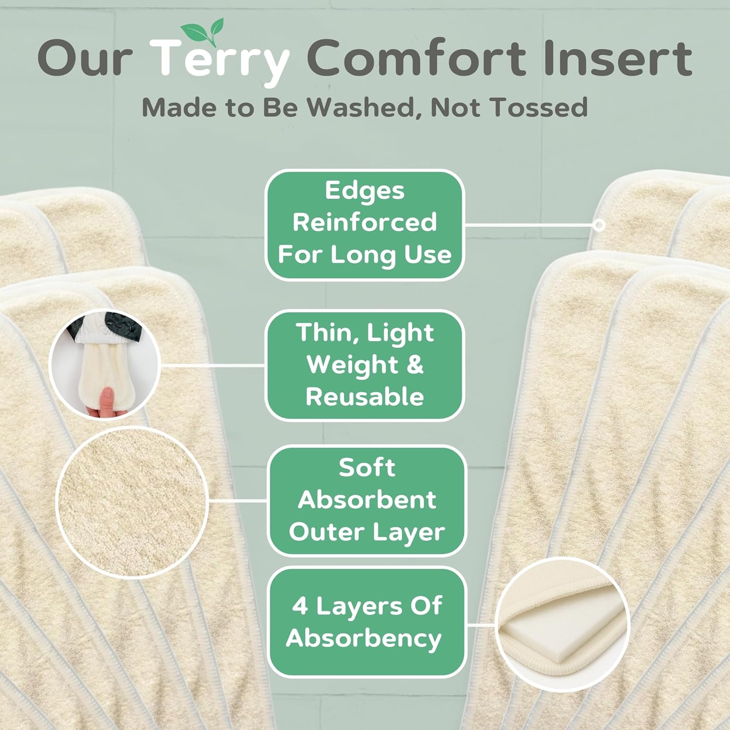 Cloth Diaper Inserts – 14 Pack Reusable 4 Layer Liners for Pocket Diapers – Washable, Absorbent, and Breathable for Babies and Toddlers (Terry Comfort)