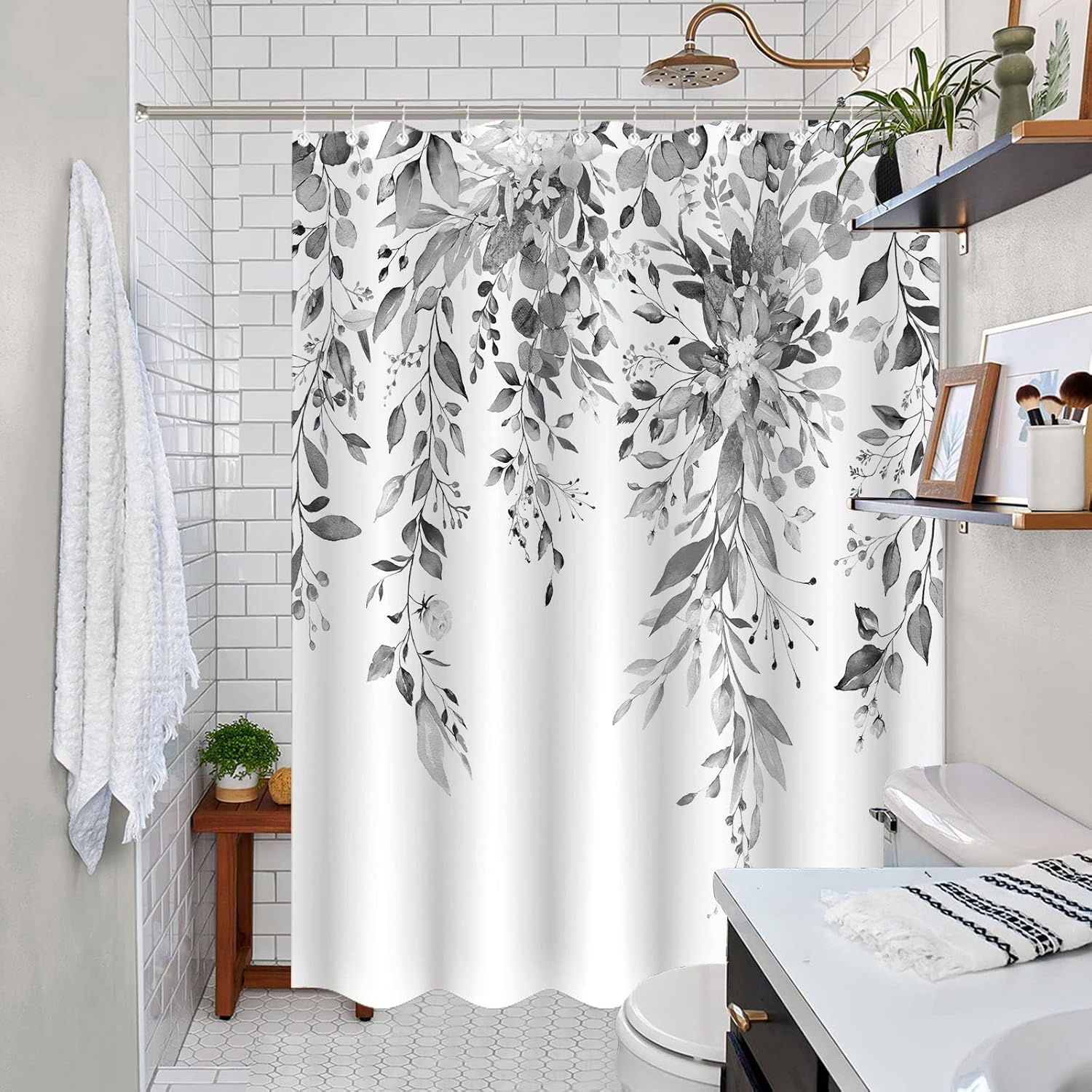 Long Gray and White Eucalyptus Shower Curtain Watercolor Grey Floral Plant Leaf Shower Curtains for Bathroom Botanical Flower Waterproof Fabric Bath Curtain with Hooks (Black, 72'' x 78'')