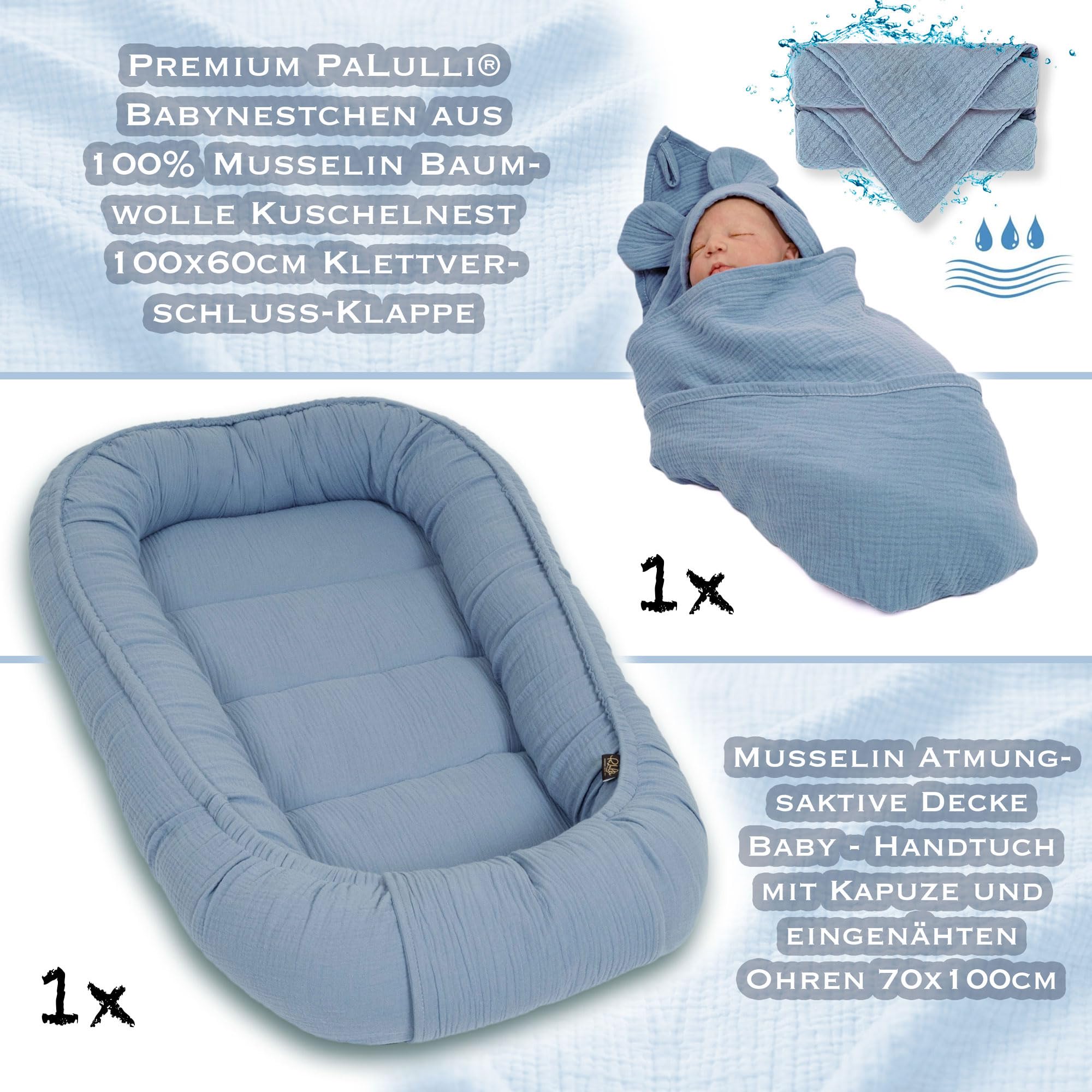 PaLulli® 2-stronne muślinowe gniazdo niemowlęce z chustką, oddychający muślin – ręcznik z kapturem i wszytymi uszami, 100% muślinu Oeko Tex, przytulne gniazdo do łóżeczka dziecięcego – dla niemowląt i